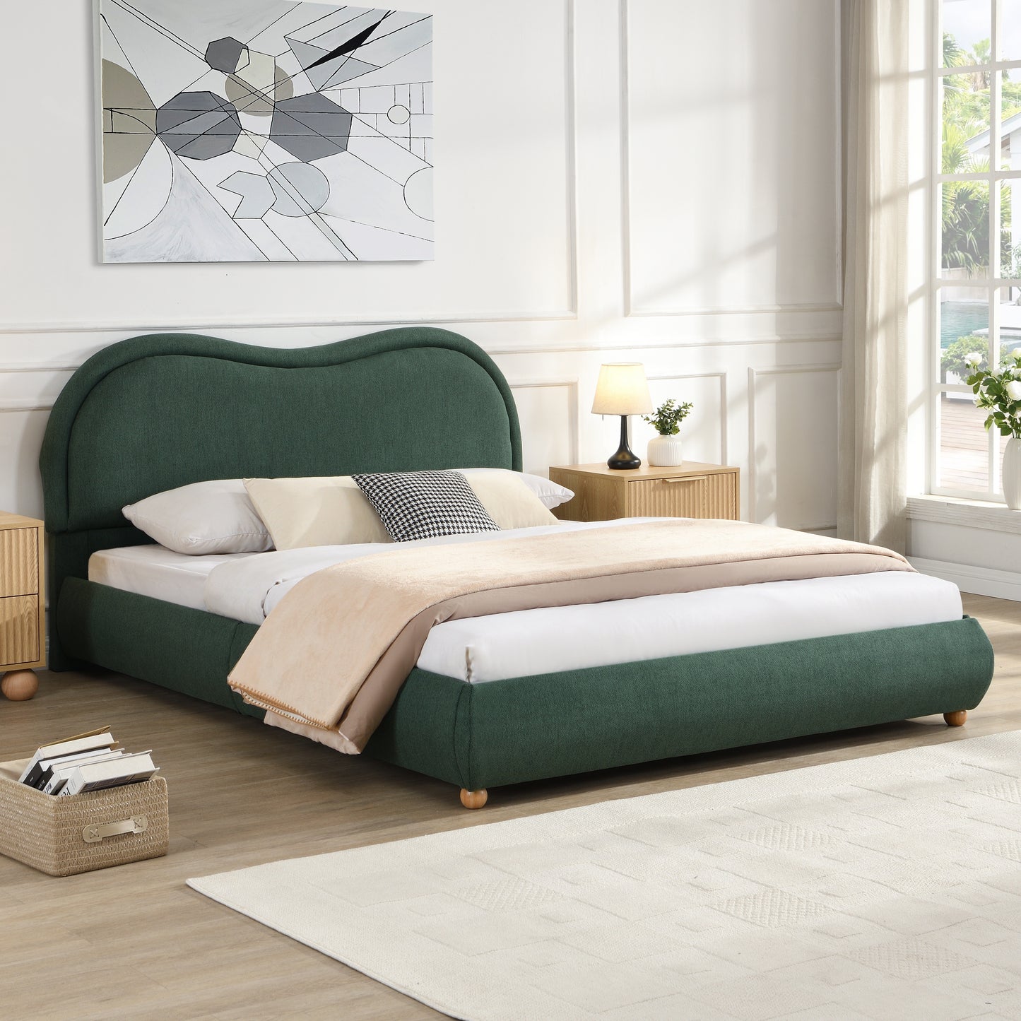Upholstered Platform Bed Frame with Rounded Corners Curved Headboard | Chenille Fabric, Wooden Slats, Oak Legs – No Box Spring Needed (Queen/King)