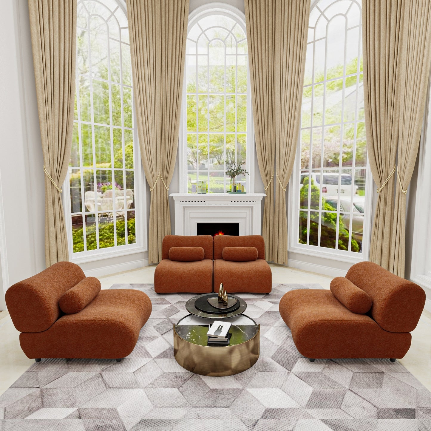 Chenille Fabric Living Room Sofa with Cylindrical Pillows, Freely Arrangeable 3 Colors