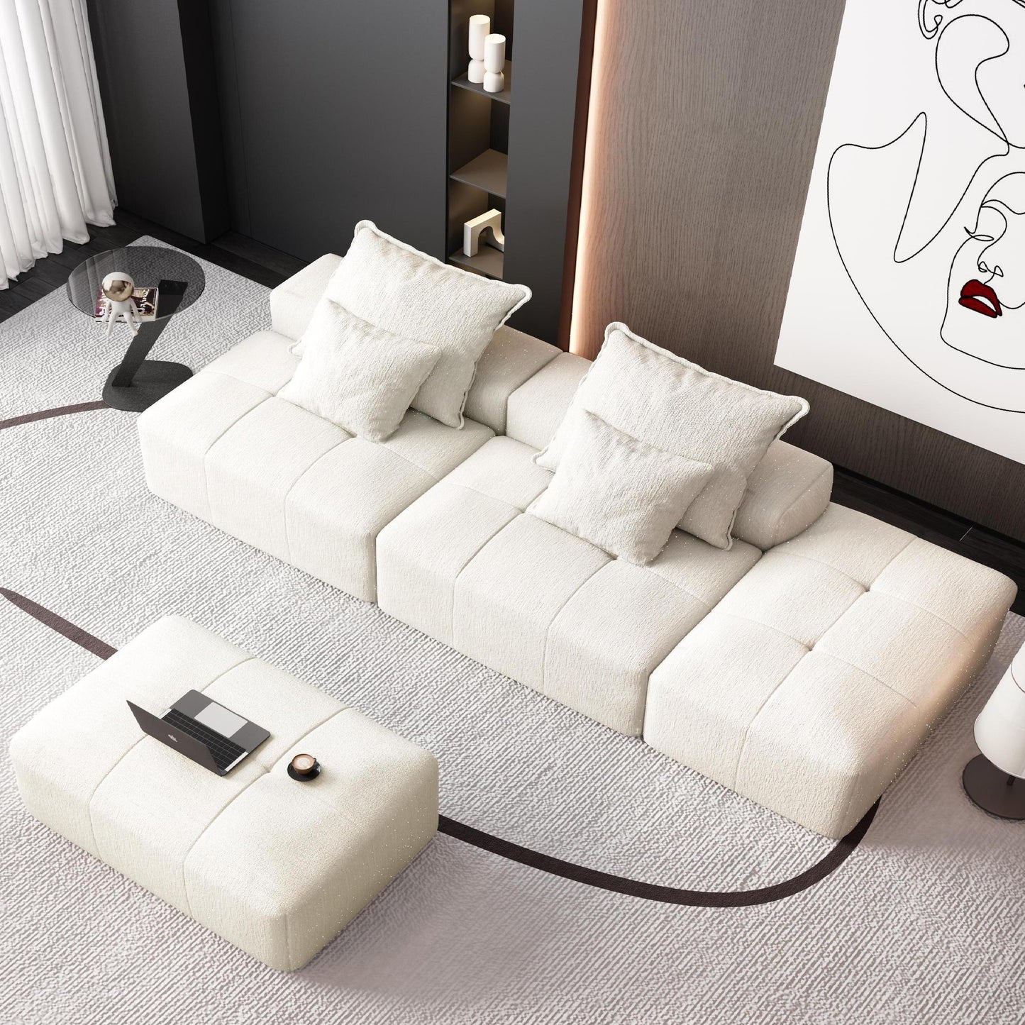 Modular Sectional Sofa with 2 chaise lounge and 2 armrest,Sparkling Chenille Fabric Soft Cushion Sofa with 4 Pillows