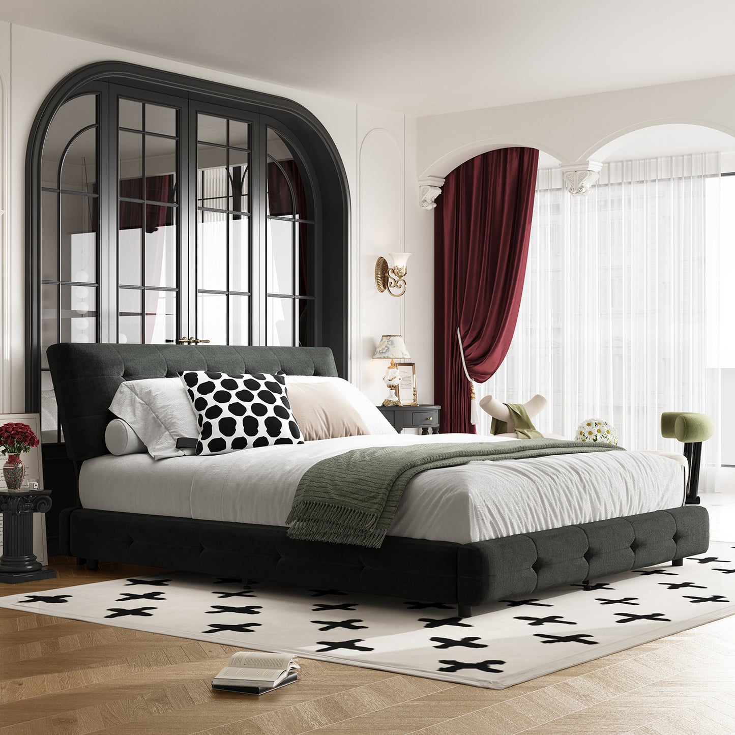 Queen/King Size Bed Frame Chenille Platform Bed with Metal and Wooden Slats Double Support – Cloud Pillow Headboard, Silent Sturdy