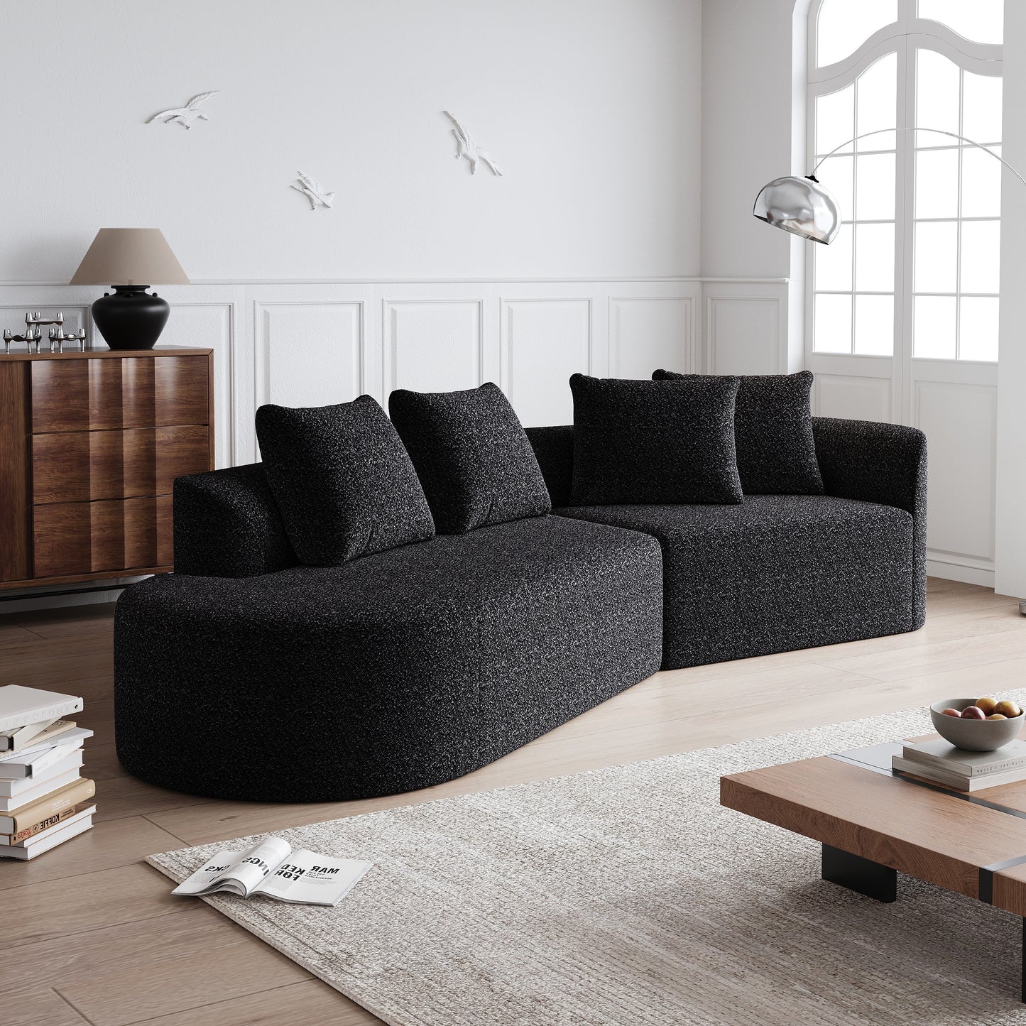 Extra Deep & Wide Seat Curved Cloud Couch with 4 Throw Pillows-3 Colors