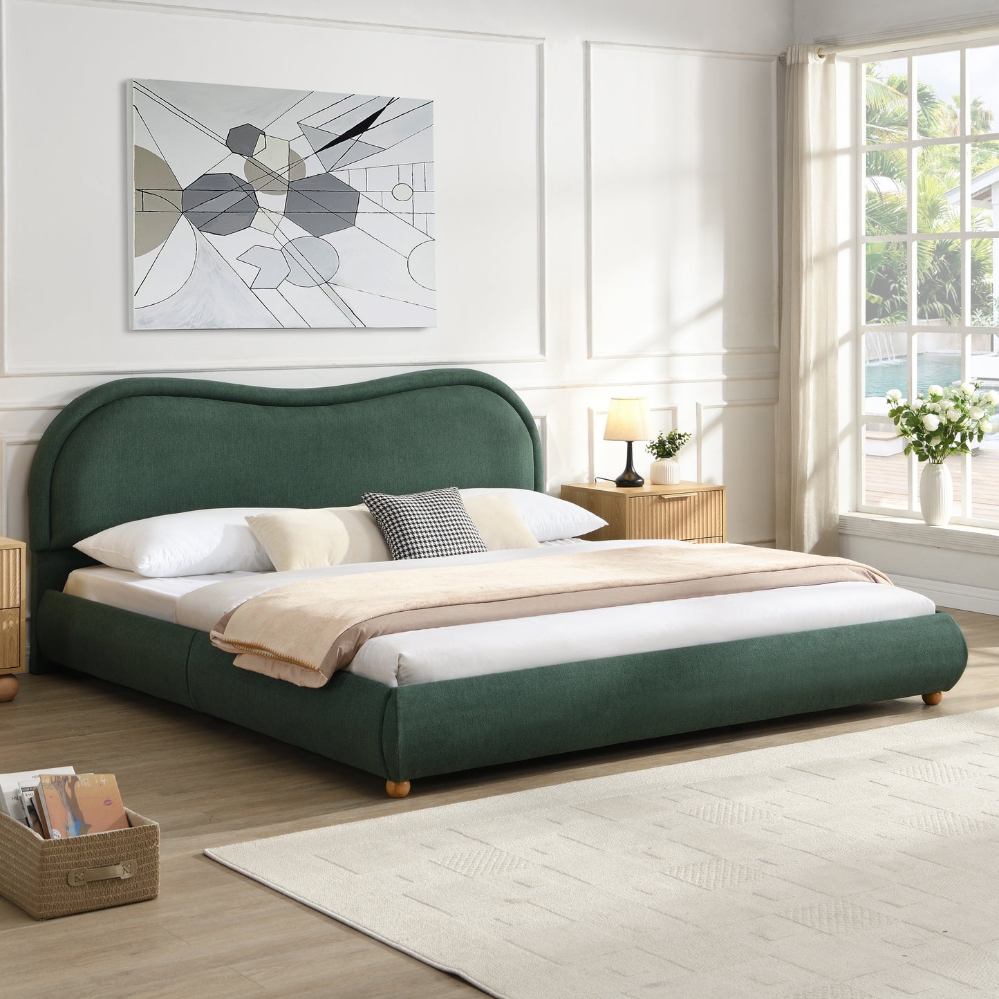 Upholstered Platform Bed Frame with Rounded Corners Curved Headboard | Chenille Fabric, Wooden Slats, Oak Legs – No Box Spring Needed (Queen/King)