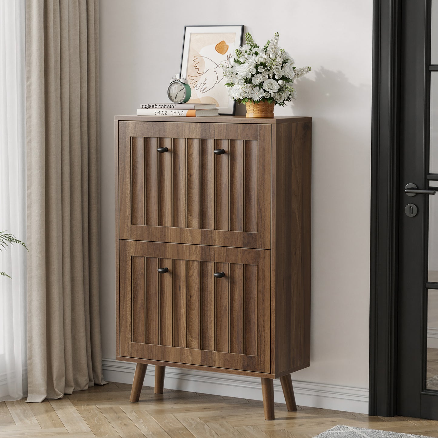 Medieval-Style Modern Shoe Cabinet | Upright Shoe Storage Unit with Vertical Grooved Finish – Walnut, 2 Sizes (23.6" or 31.5")