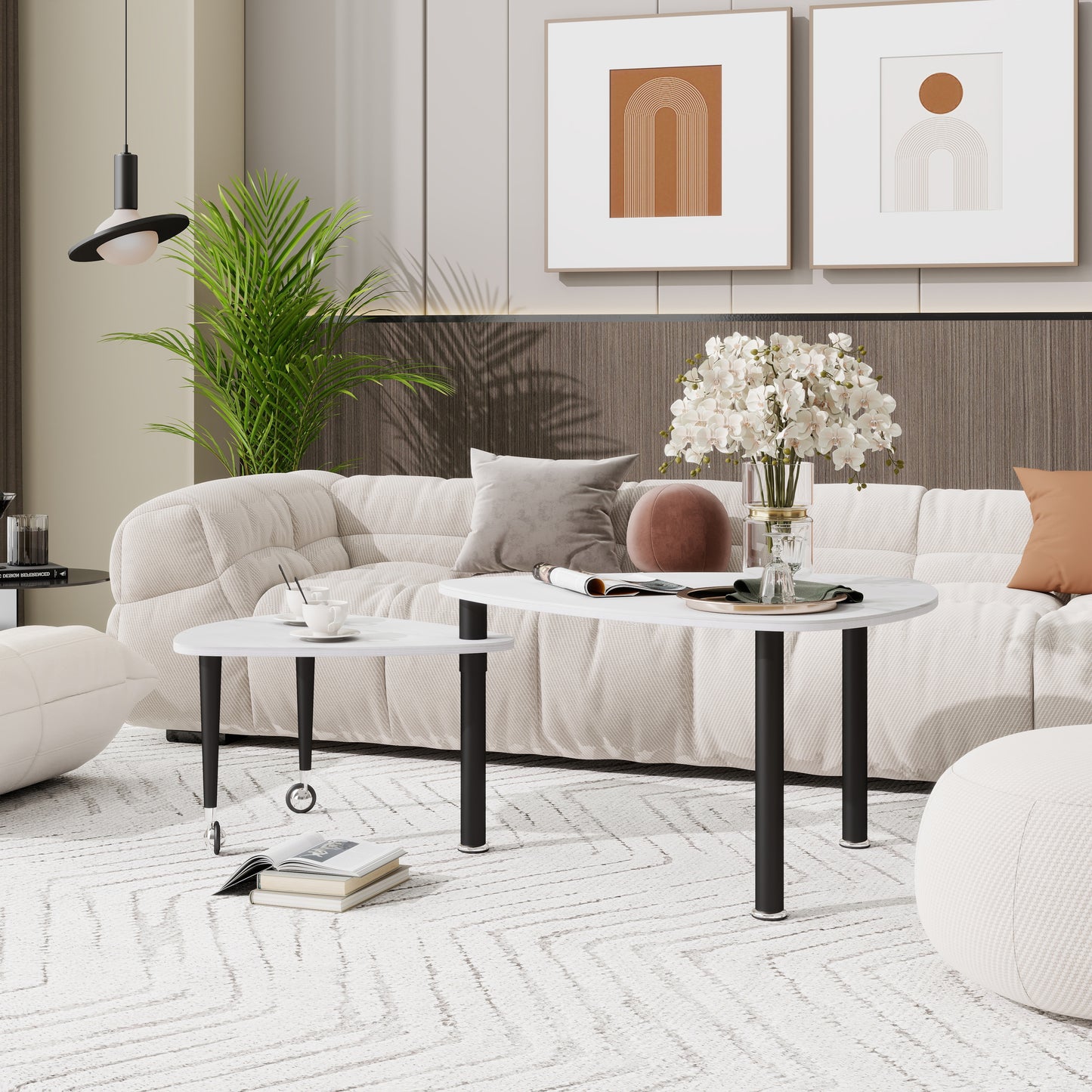 360° Rotatable Modern Coffee Table for Living Room – Solid Wood Legs with Nesting Design (Black/Walnut/White)