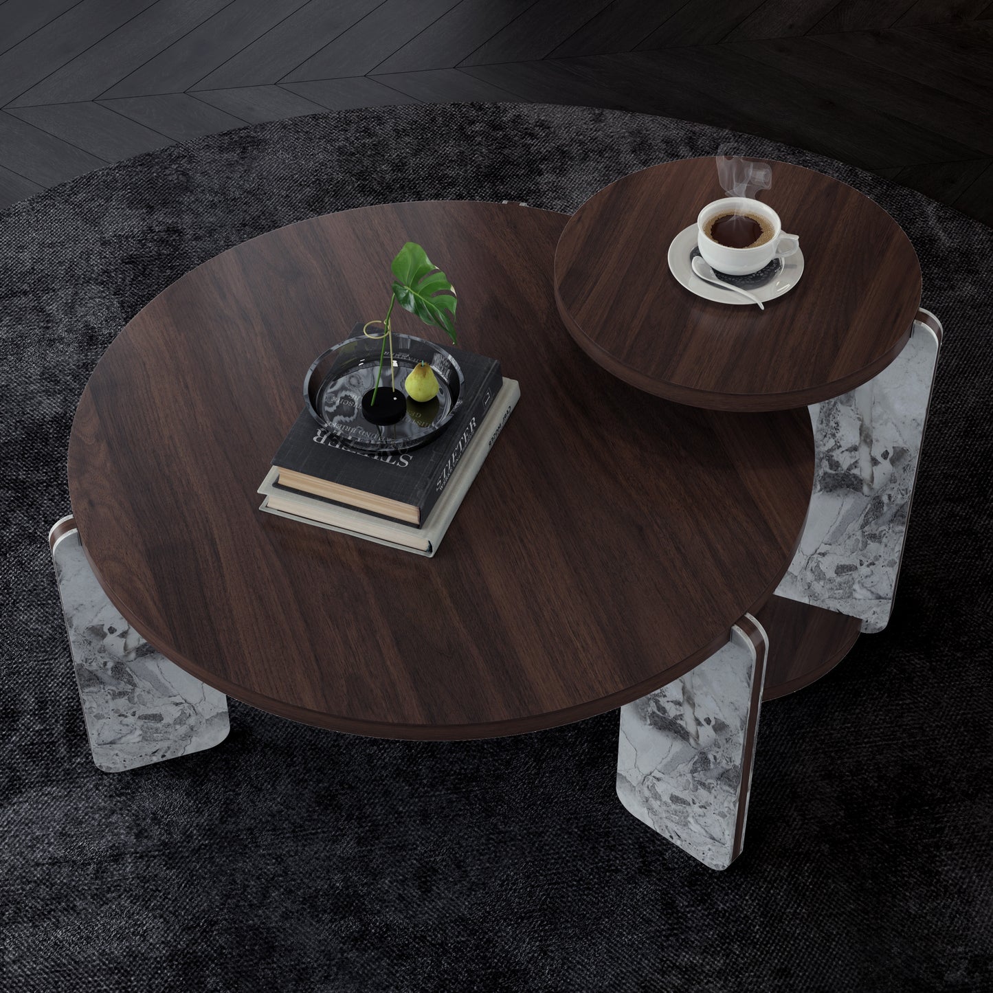 Round Nesting Coffee Table Set of 2 – Sintered Stone Top, 18mm MDF + Stone Legs (White+Black / Walnut / Black)