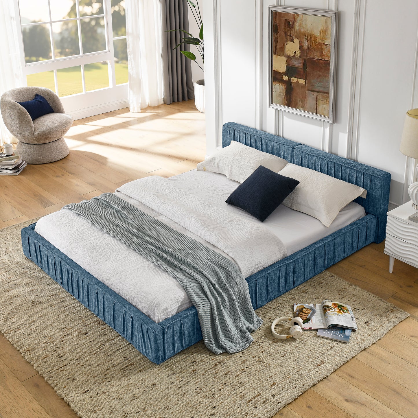 Queen Size Upholstered Bed Frame with Chenille fabric Platform Bed with Headboard and Solid Frame. No Box Spring Needed