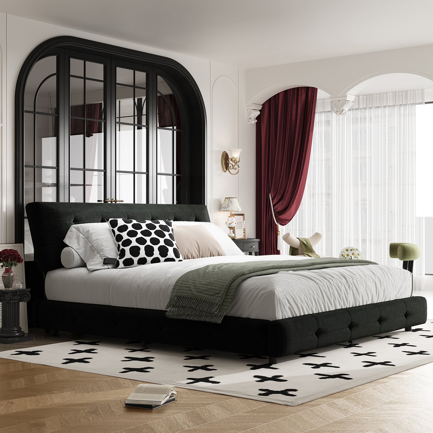 Queen/King Size Bed Frame Chenille Platform Bed with Metal and Wooden Slats Double Support – Cloud Pillow Headboard, Silent Sturdy