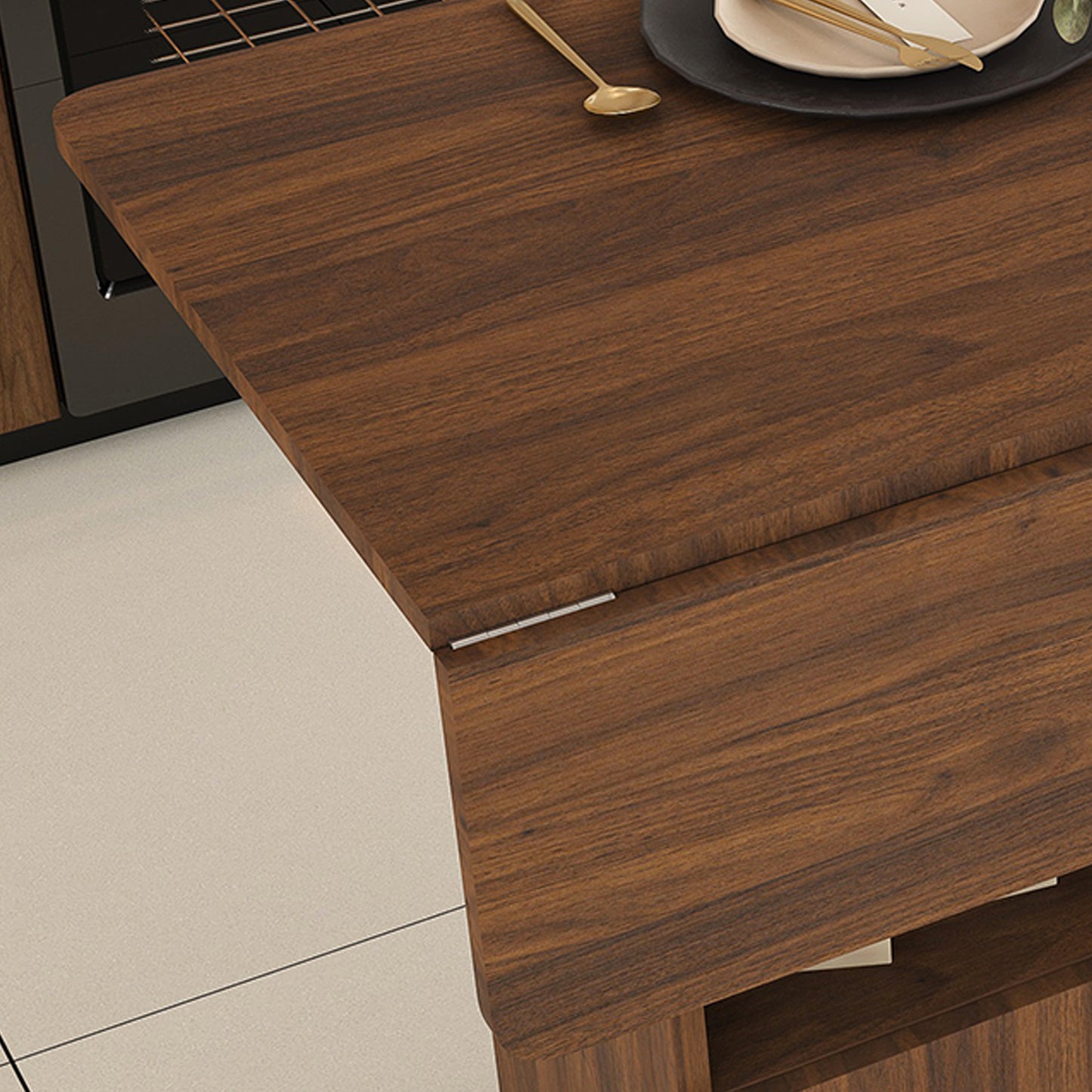 Multi-Functional Folding Table with Storage Shelves and Wheels | 47" Foldable Dining Table for Small Spaces, Compact Desk for Kitchen – Walnut/White/Oak