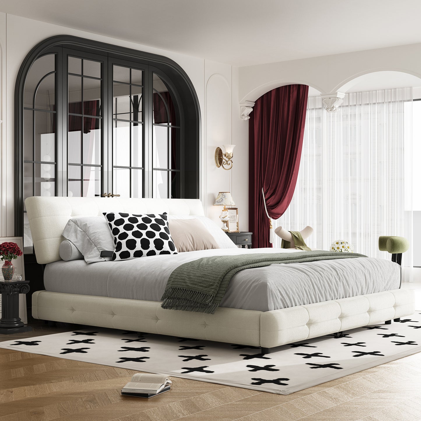 Queen/King Size Bed Frame Chenille Platform Bed with Metal and Wooden Slats Double Support – Cloud Pillow Headboard, Silent Sturdy
