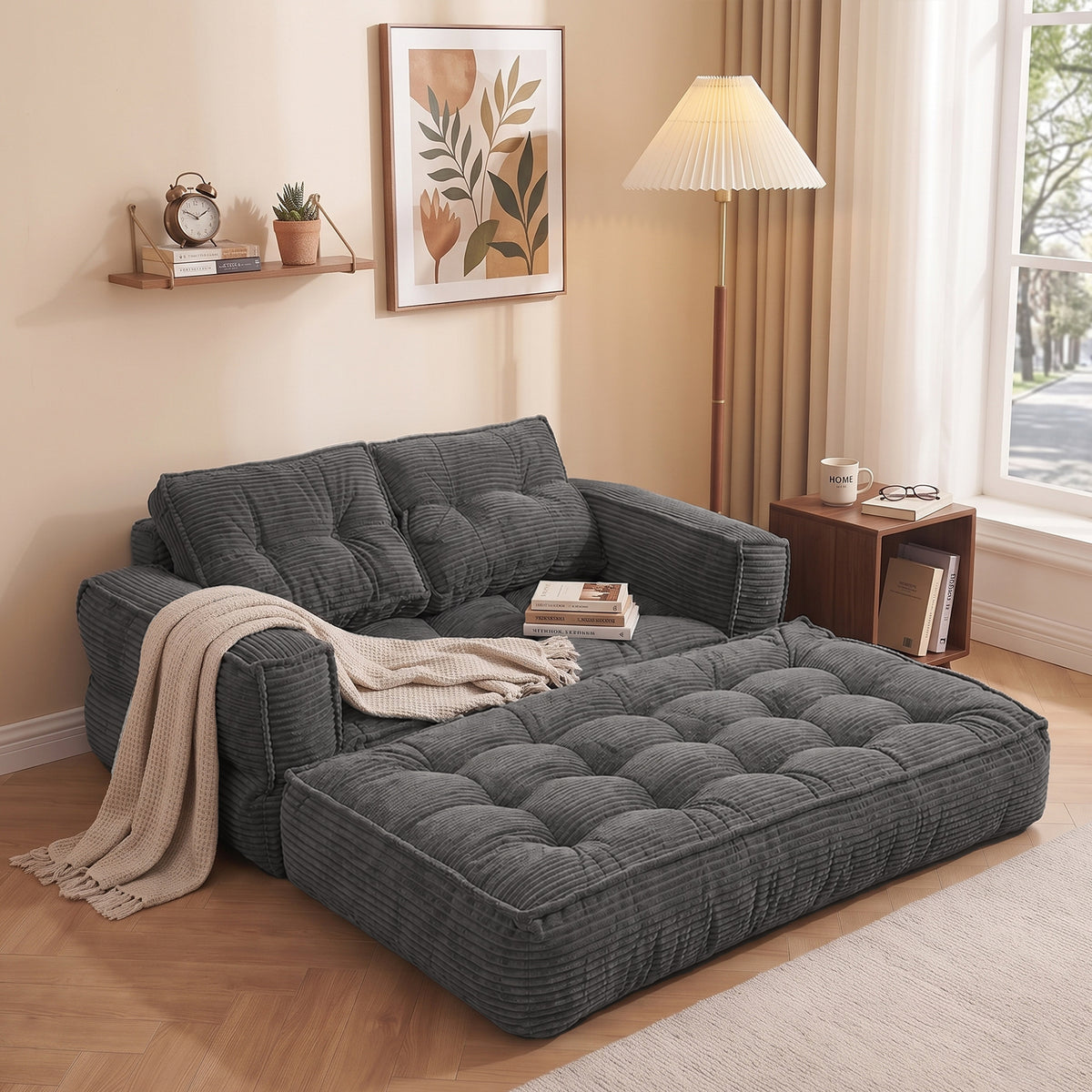 2-in-1 Boneless Convertible Floor Couch – Lazy Double Sofa with Armrest