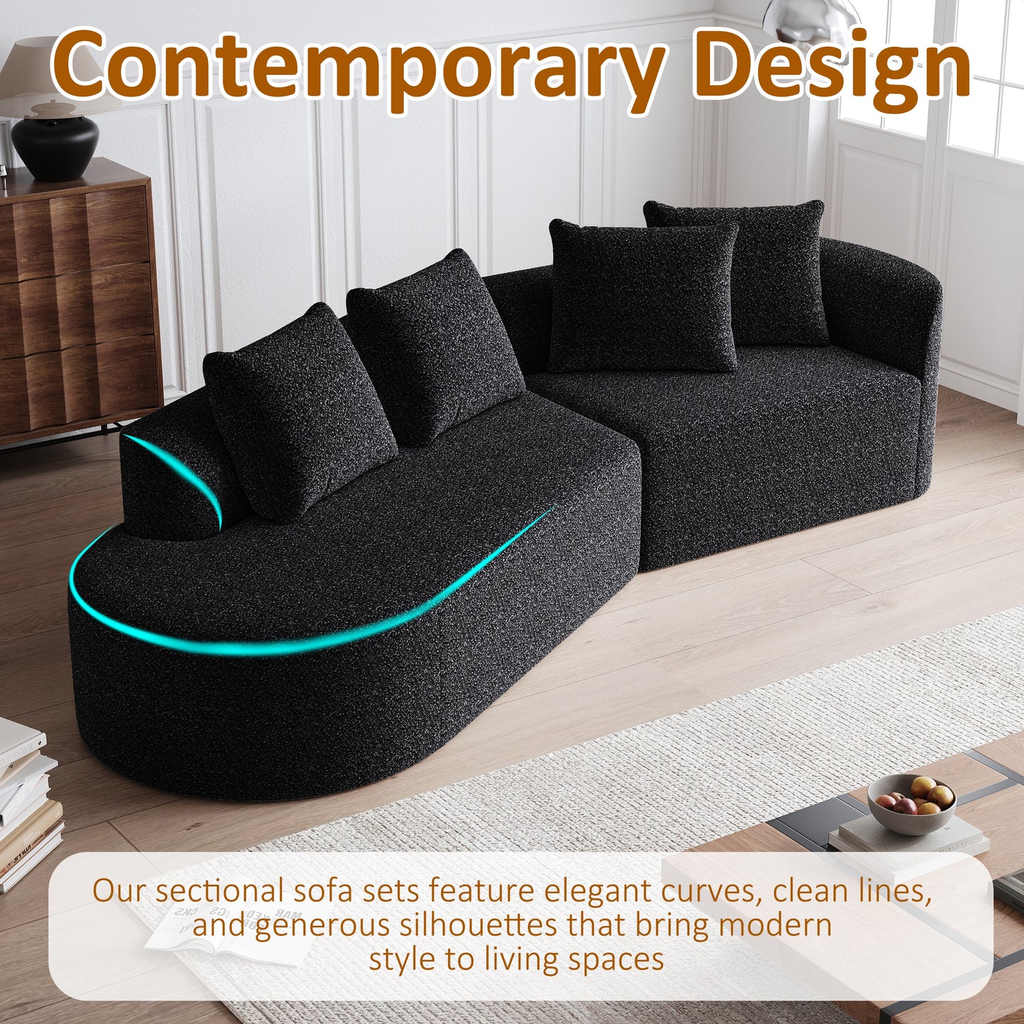 Extra Deep & Wide Seat Curved Cloud Couch with 4 Throw Pillows-3 Colors
