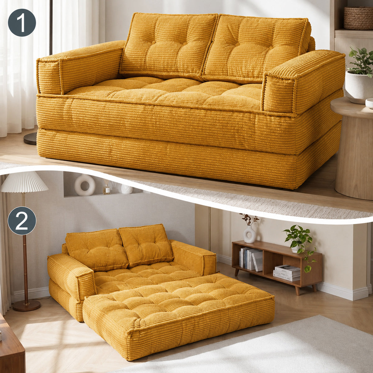2-in-1 Boneless Convertible Floor Couch – Lazy Double Sofa with Armrest