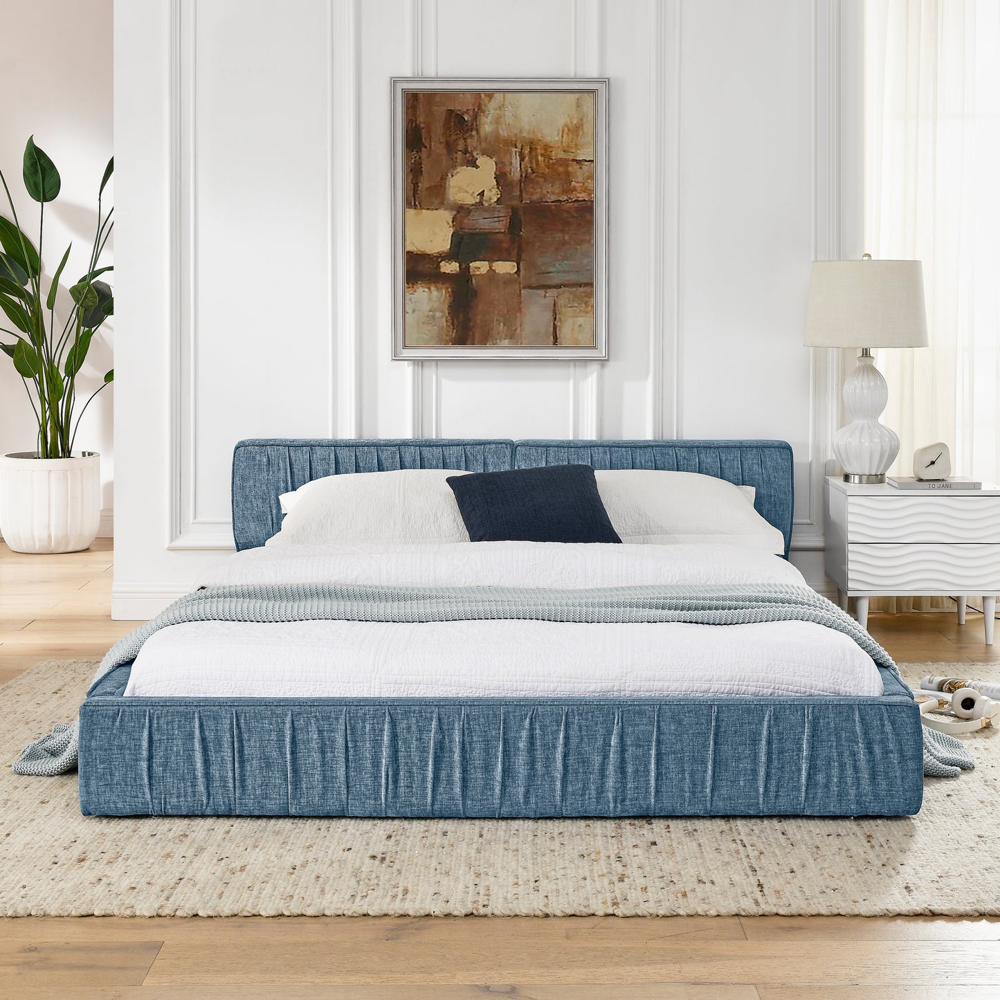 Queen Size Upholstered Bed Frame with Chenille fabric Platform Bed with Headboard and Solid Frame. No Box Spring Needed