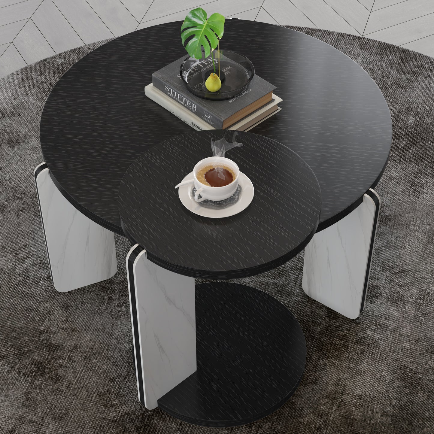 Round Nesting Coffee Table Set of 2 – Sintered Stone Top, 18mm MDF + Stone Legs (White+Black / Walnut / Black)