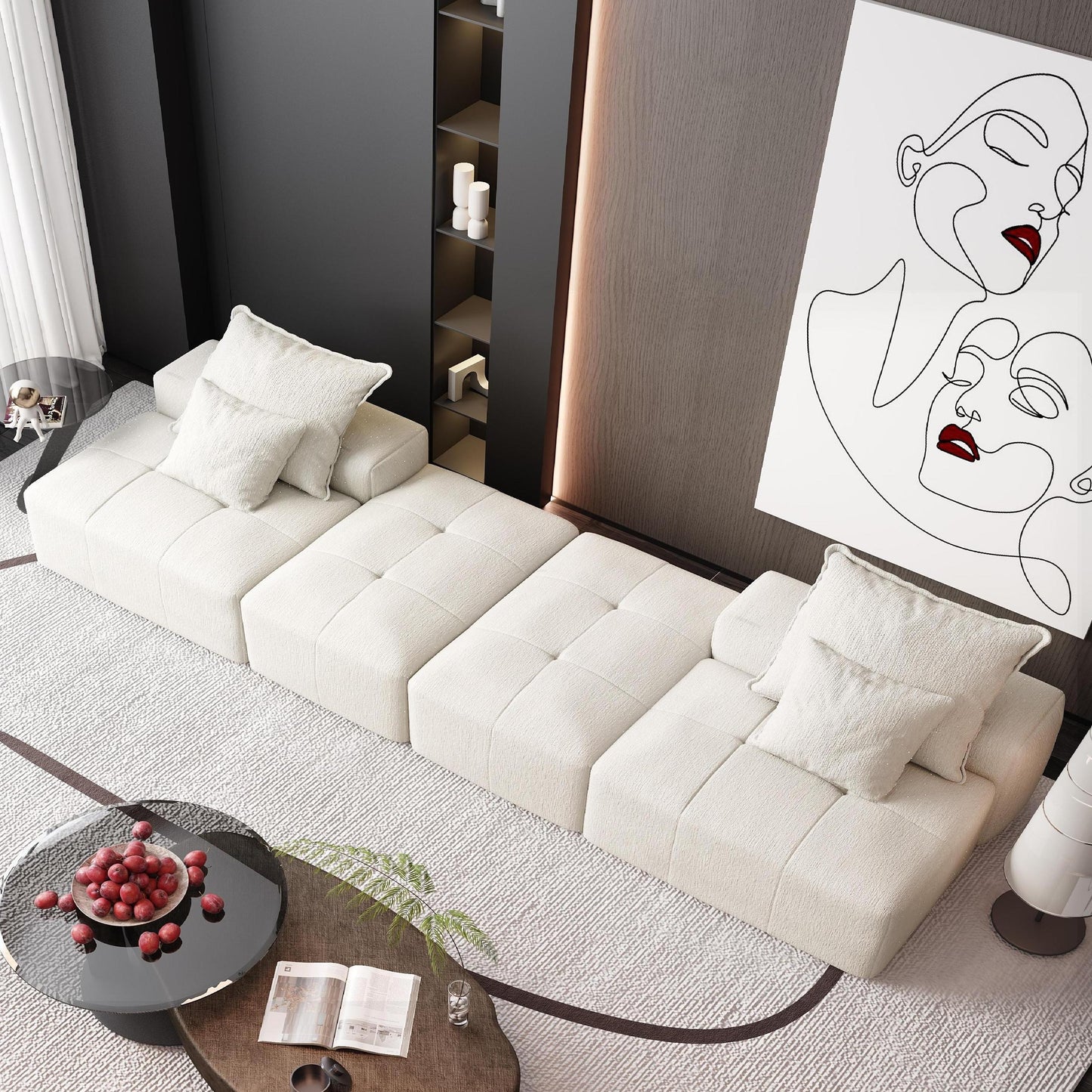 Modular Sectional Sofa with 2 chaise lounge and 2 armrest,Sparkling Chenille Fabric Soft Cushion Sofa with 4 Pillows
