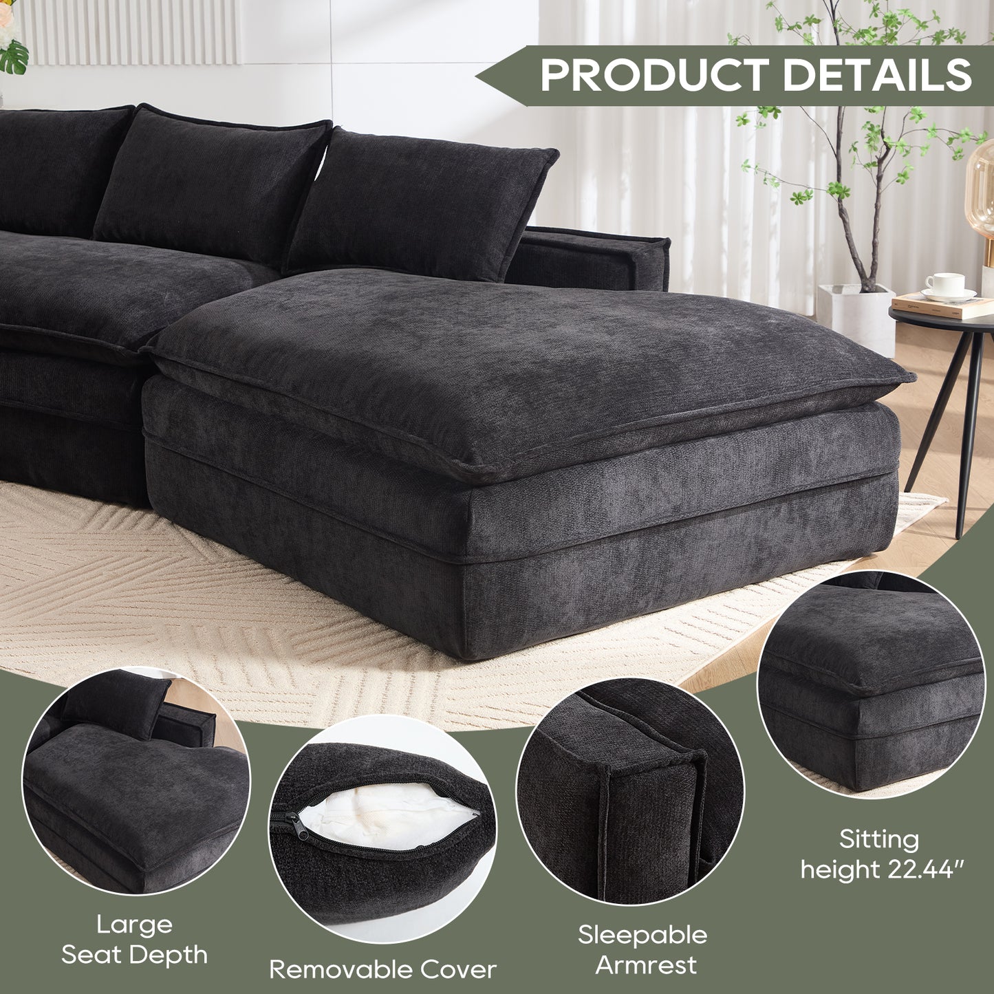 Modern Minimalist Modular Sectional Sofa – Upholstered Cloud Couch with Deep Seats &amp; Right-Facing Chaise (Beige/Black)