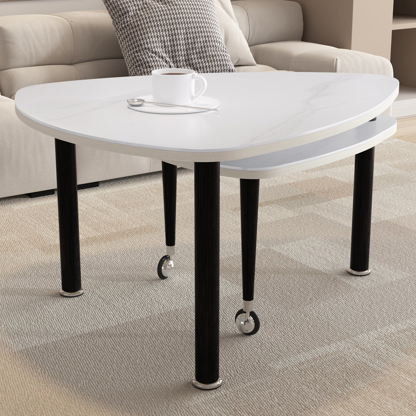 360° Rotatable Modern Coffee Table for Living Room – Solid Wood Legs with Nesting Design (Black/Walnut/White)