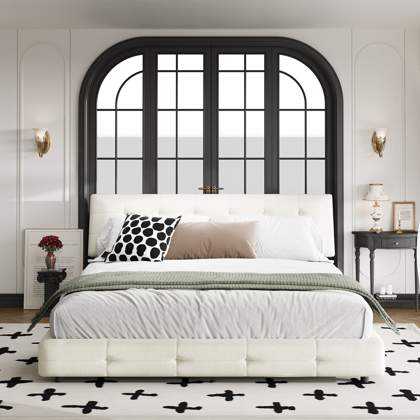Queen/King Size Bed Frame Chenille Platform Bed with Metal and Wooden Slats Double Support – Cloud Pillow Headboard, Silent Sturdy