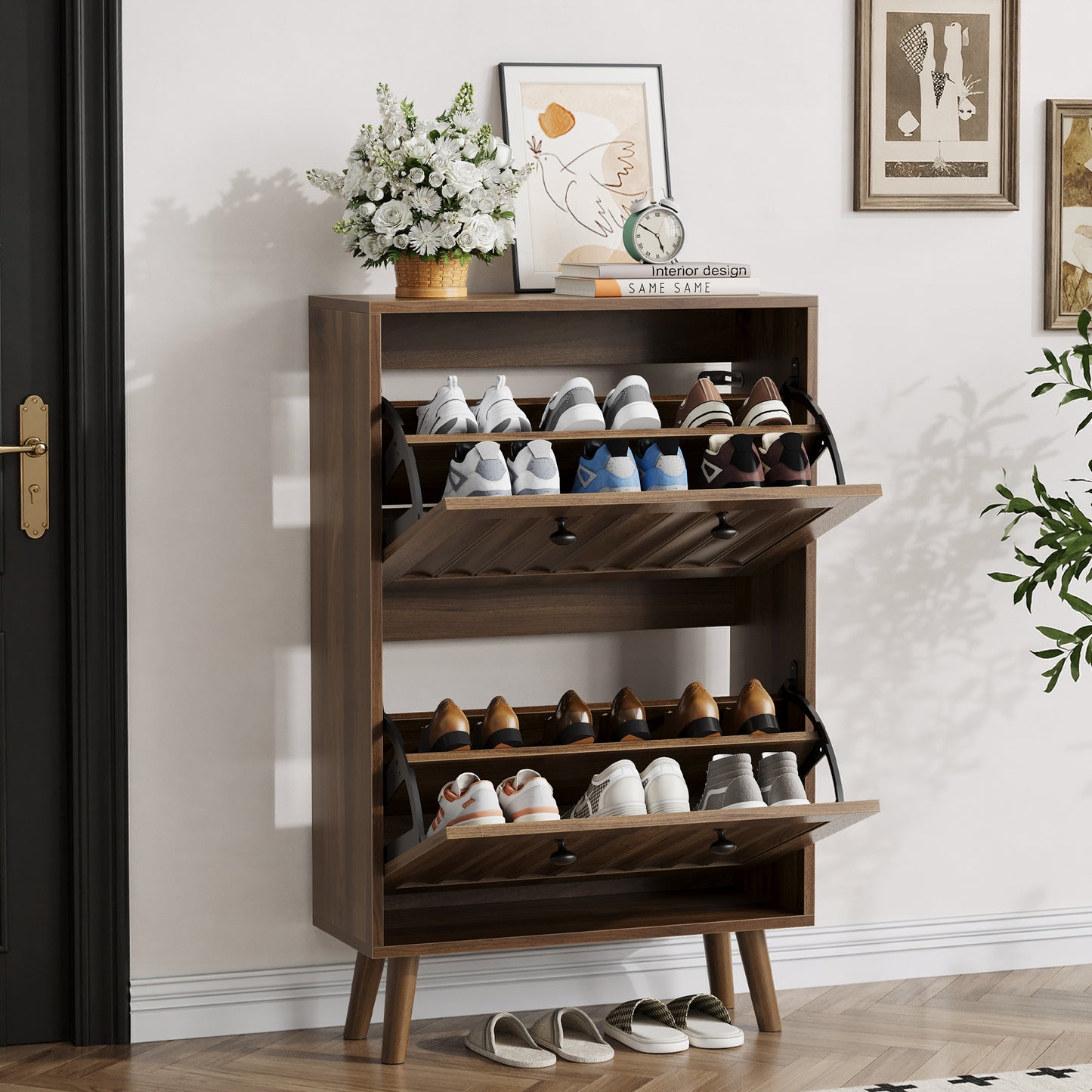 Medieval-Style Modern Shoe Cabinet | Upright Shoe Storage Unit with Vertical Grooved Finish – Walnut, 2 Sizes (23.6" or 31.5")
