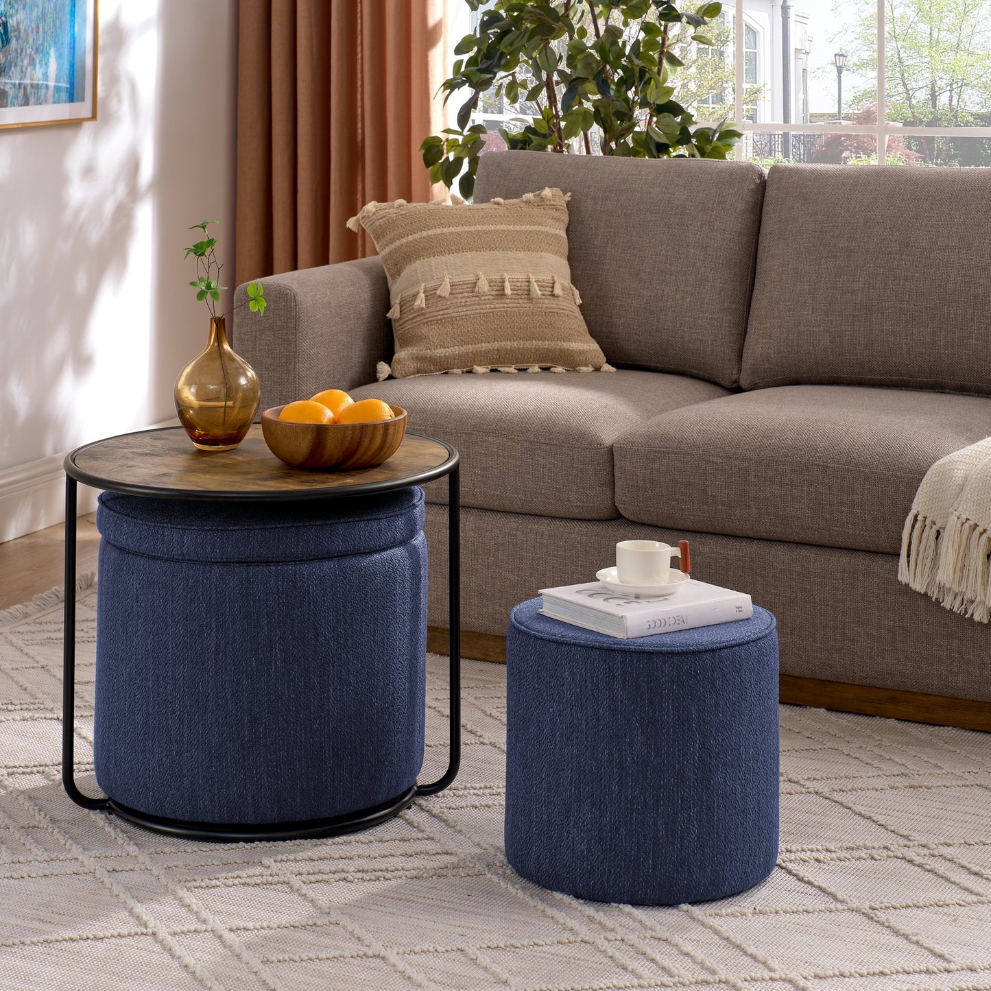 Multi-functional combination set table Ottoman with drum stool, with storage space Set of 3