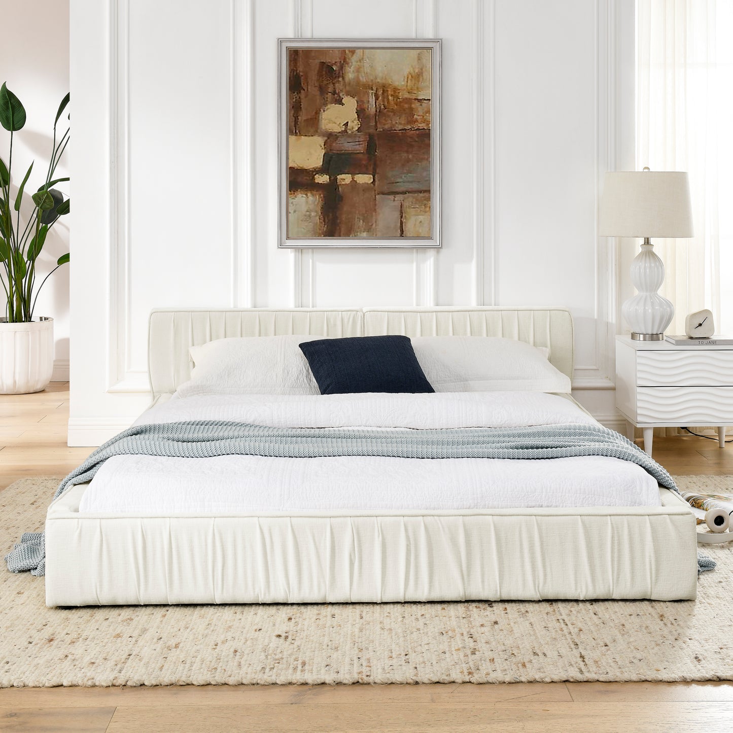 Queen Size Upholstered Bed Frame with Chenille fabric Platform Bed with Headboard and Solid Frame. No Box Spring Needed