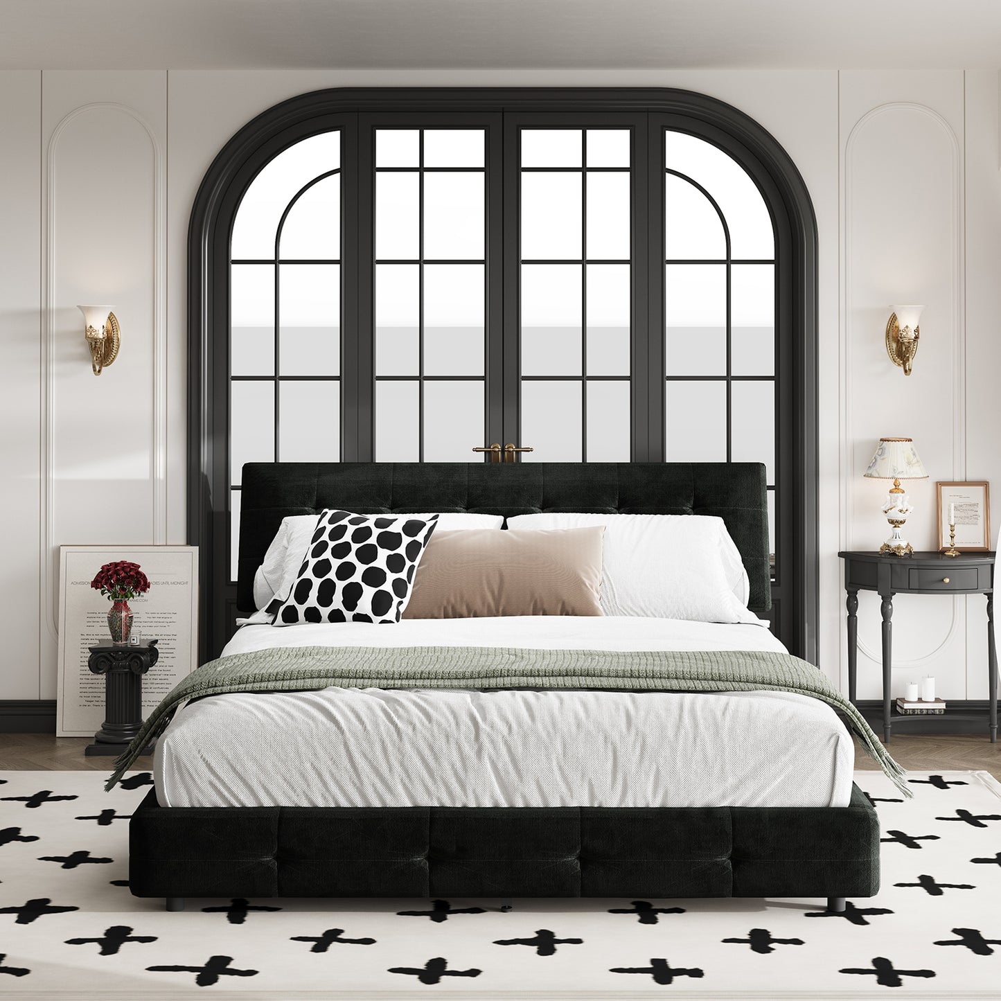 Queen/King Size Bed Frame Chenille Platform Bed with Metal and Wooden Slats Double Support – Cloud Pillow Headboard, Silent Sturdy