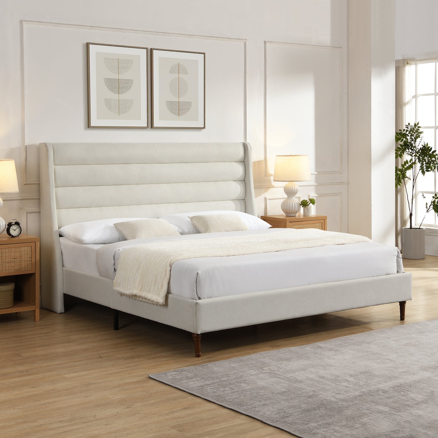 High Headboard Upholstered Platform Bed Frame | Wave-Shaped Headboard – Premium Chenille Fabric, Ivory