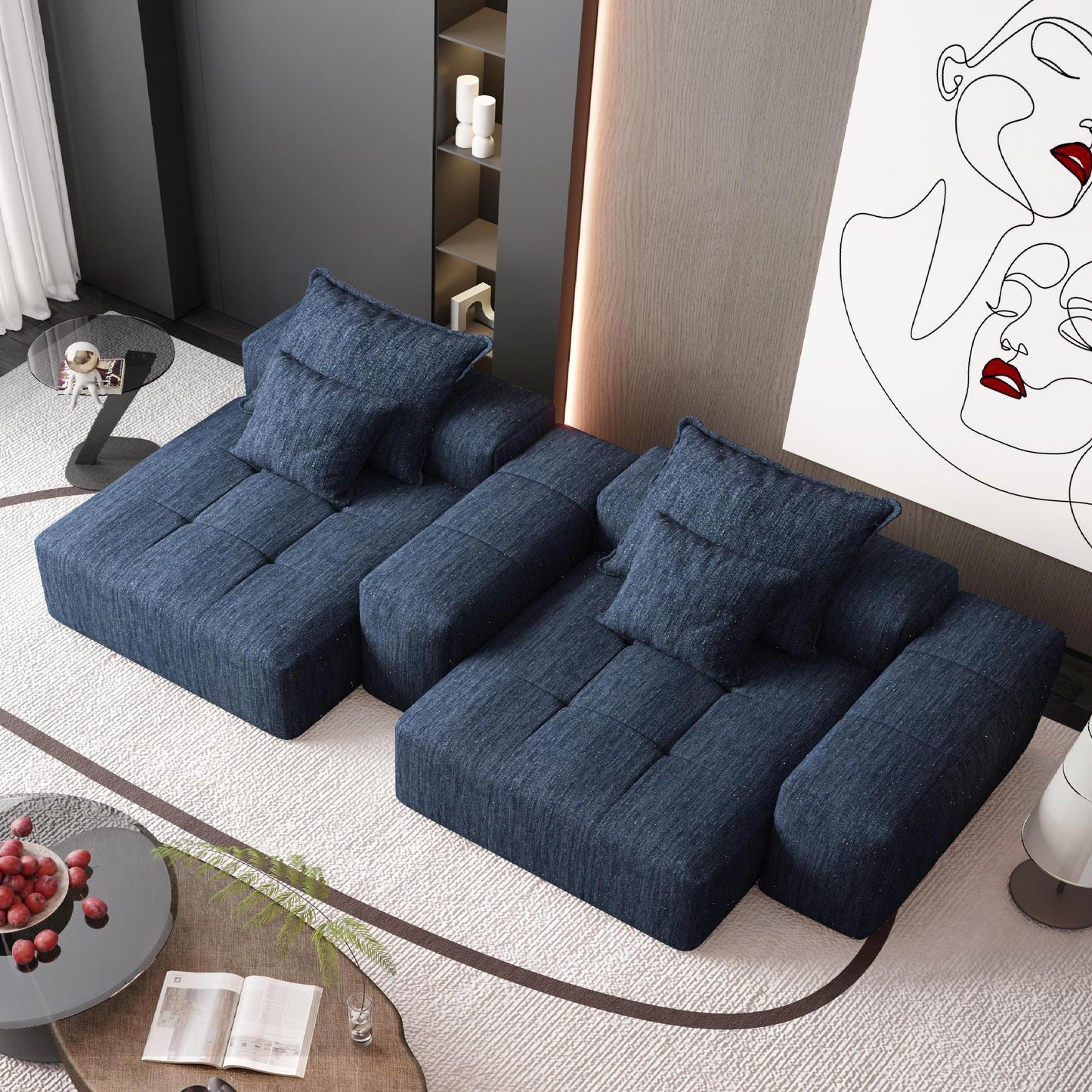 Modular Sectional Sofa with 2 chaise lounge and 2 armrest,Sparkling Chenille Fabric Soft Cushion Sofa with 4 Pillows