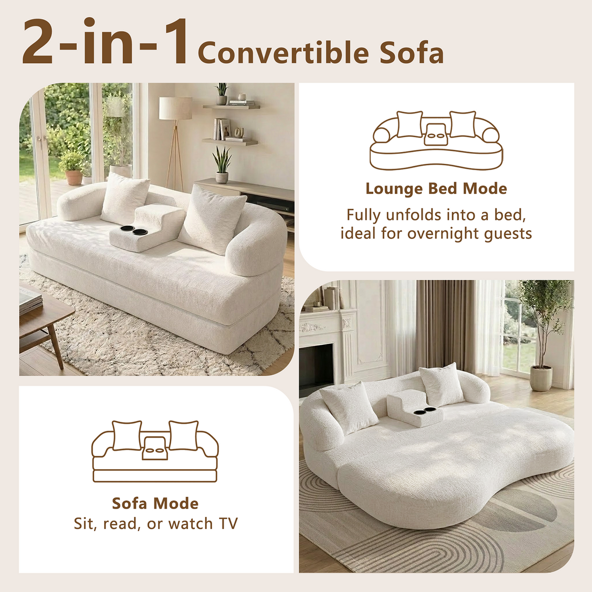 2-in-1 Convertible Sleeper Sofa Bed with Cup Holders