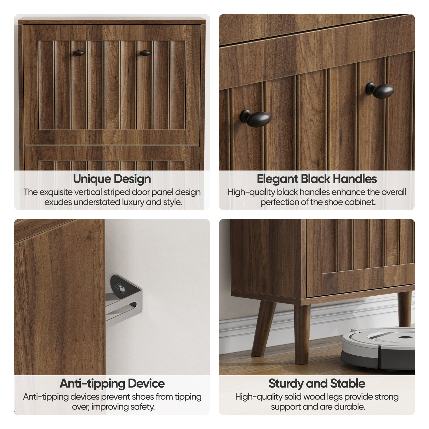 Medieval-Style Modern Shoe Cabinet | Upright Shoe Storage Unit with Vertical Grooved Finish – Walnut, 2 Sizes (23.6" or 31.5")