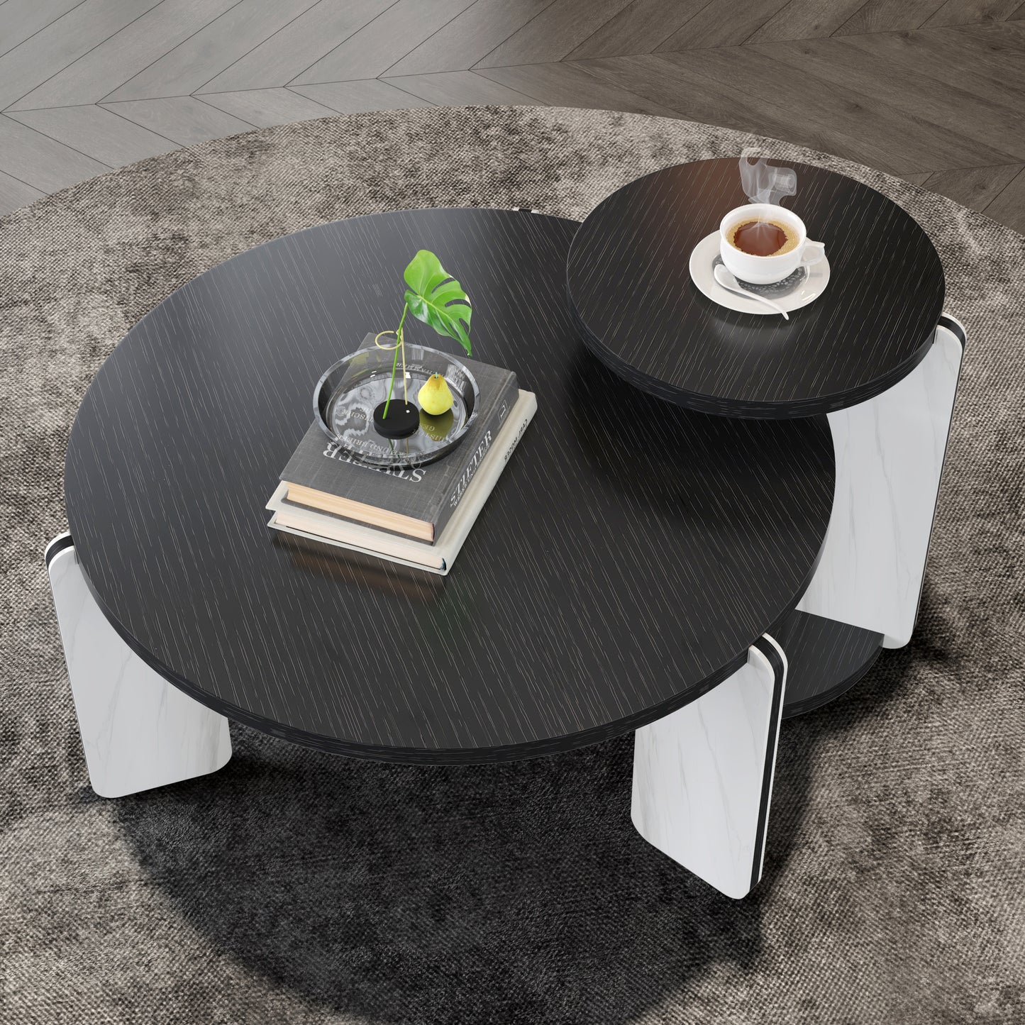 Round Nesting Coffee Table Set of 2 – Sintered Stone Top, 18mm MDF + Stone Legs (White+Black / Walnut / Black)