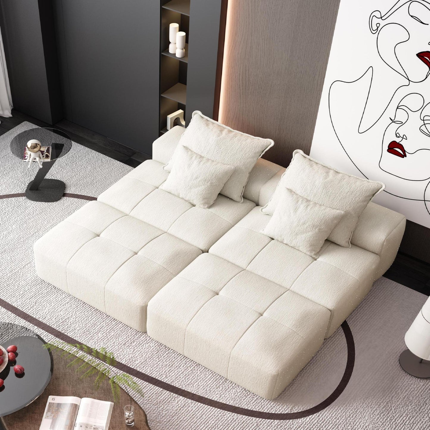 Modular Sectional Sofa with 2 chaise lounge and 2 armrest,Sparkling Chenille Fabric Soft Cushion Sofa with 4 Pillows
