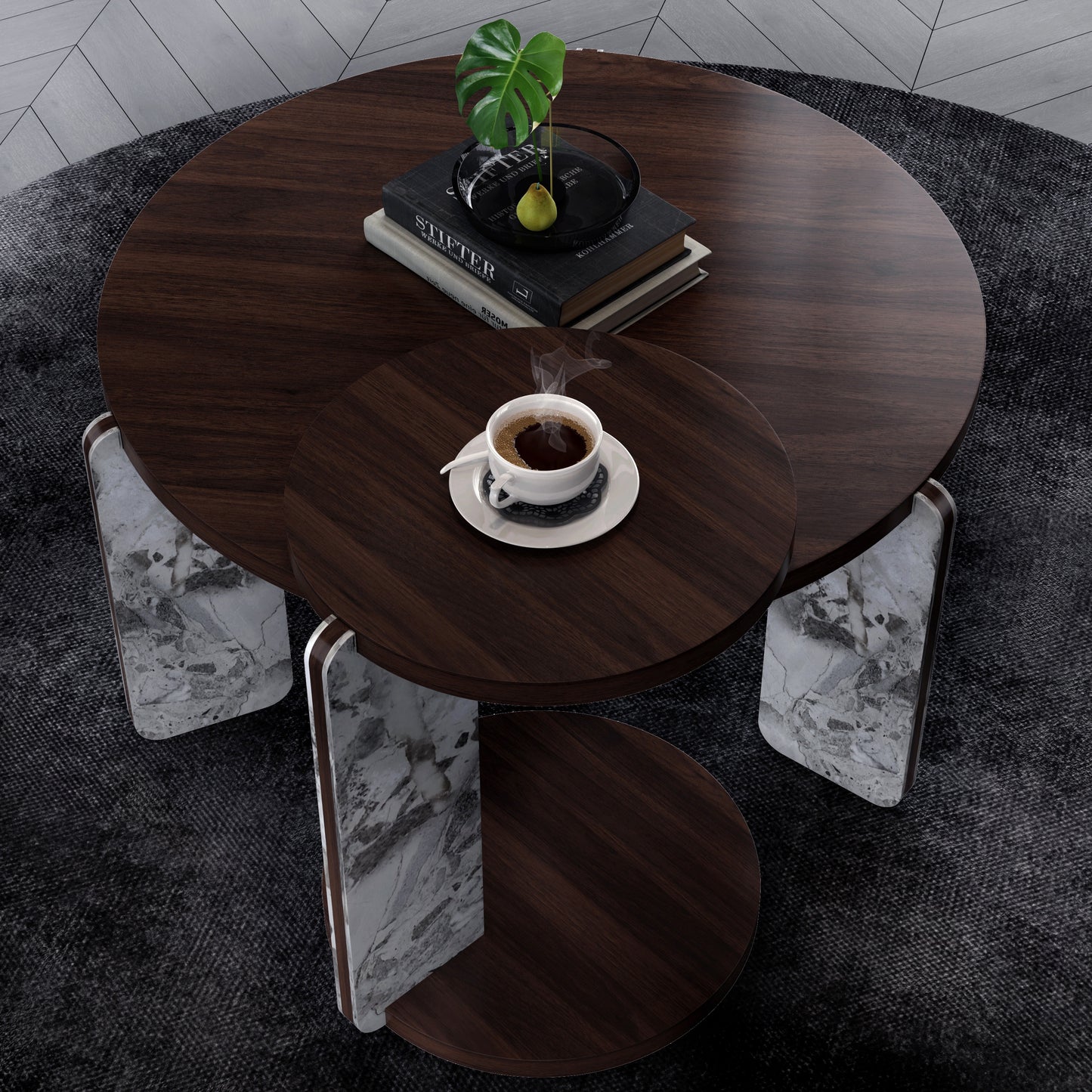 Round Nesting Coffee Table Set of 2 – Sintered Stone Top, 18mm MDF + Stone Legs (White+Black / Walnut / Black)