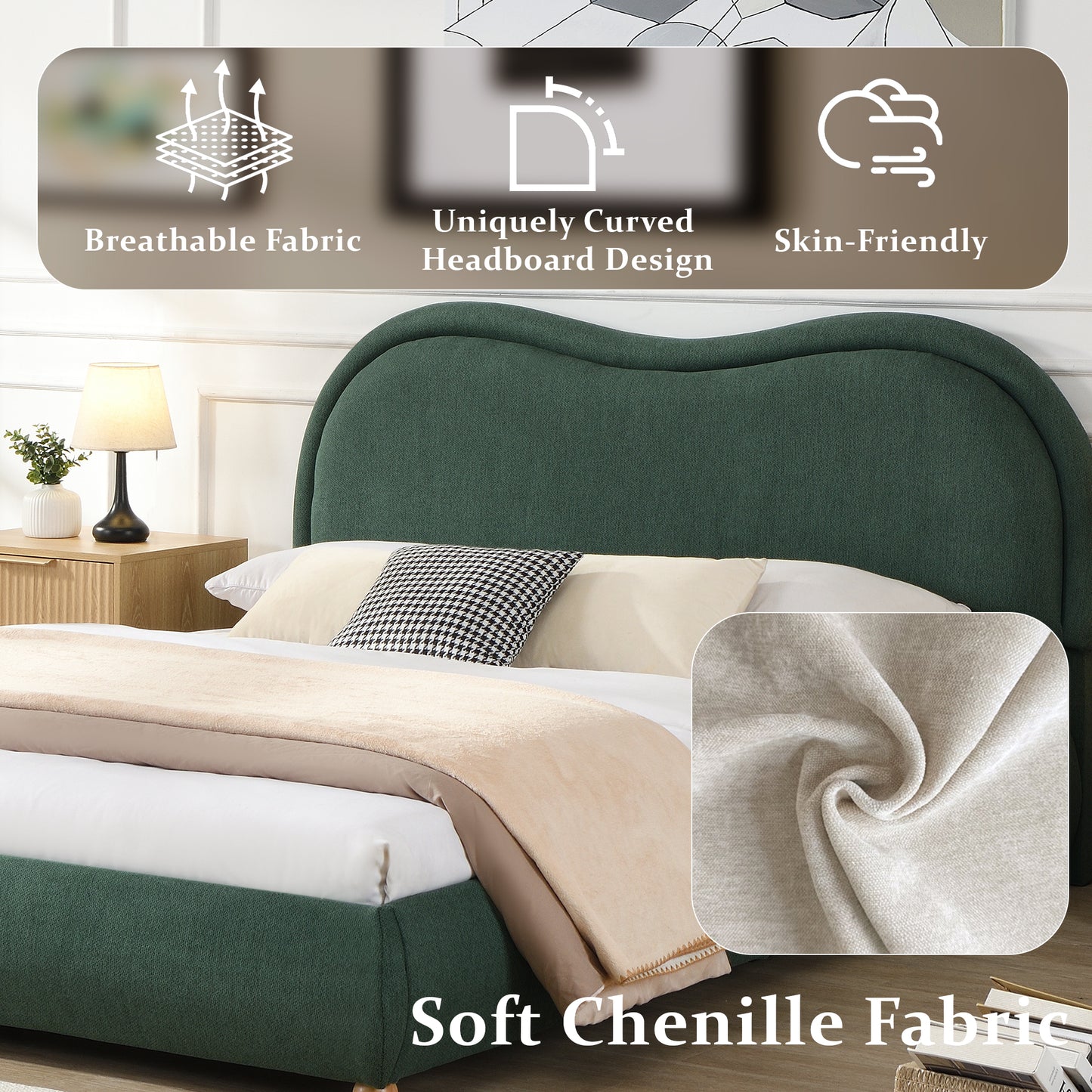 Upholstered Platform Bed Frame with Rounded Corners Curved Headboard | Chenille Fabric, Wooden Slats, Oak Legs – No Box Spring Needed (Queen/King)