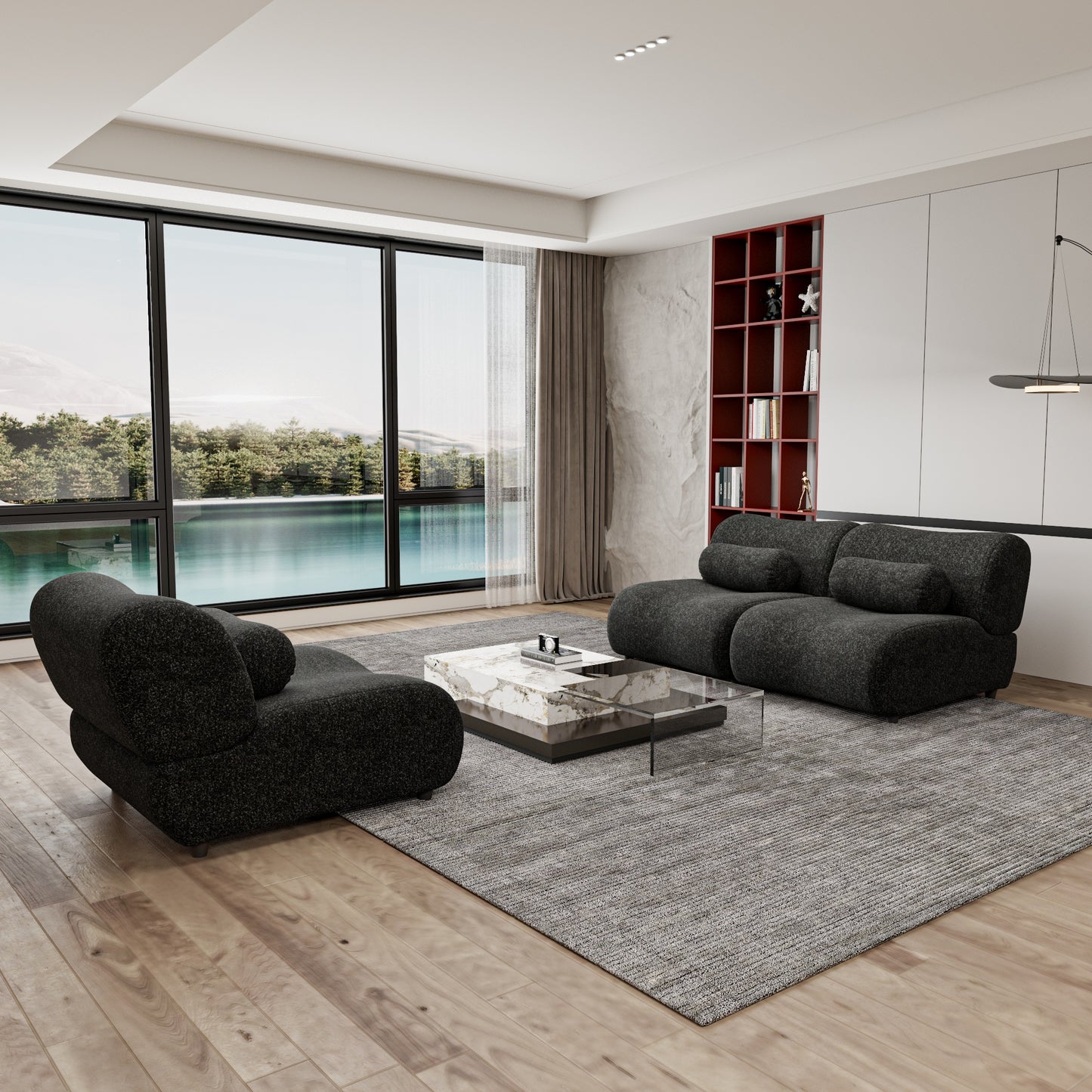 Chenille Fabric Living Room Sofa with Cylindrical Pillows, Freely Arrangeable 3 Colors