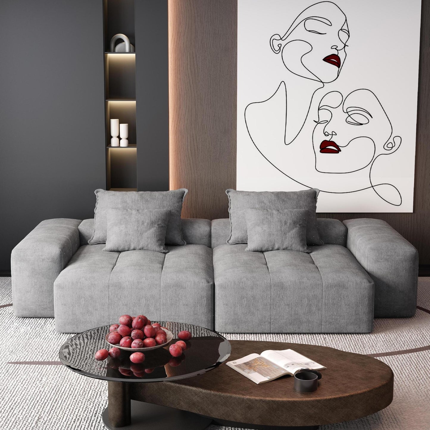 Modular Sectional Sofa with 2 chaise lounge and 2 armrest,Sparkling Chenille Fabric Soft Cushion Sofa with 4 Pillows