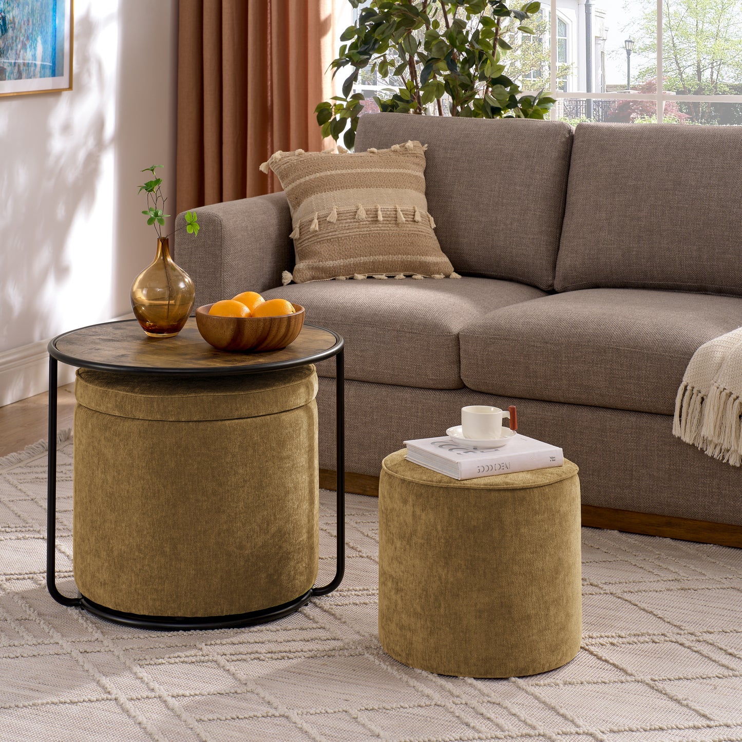 Multi-functional combination set table Ottoman with drum stool, with storage space Set of 3