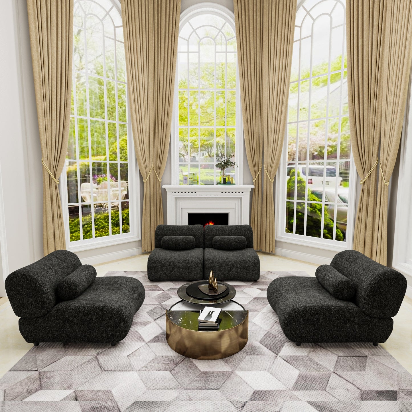 Chenille Fabric Living Room Sofa with Cylindrical Pillows, Freely Arrangeable 3 Colors