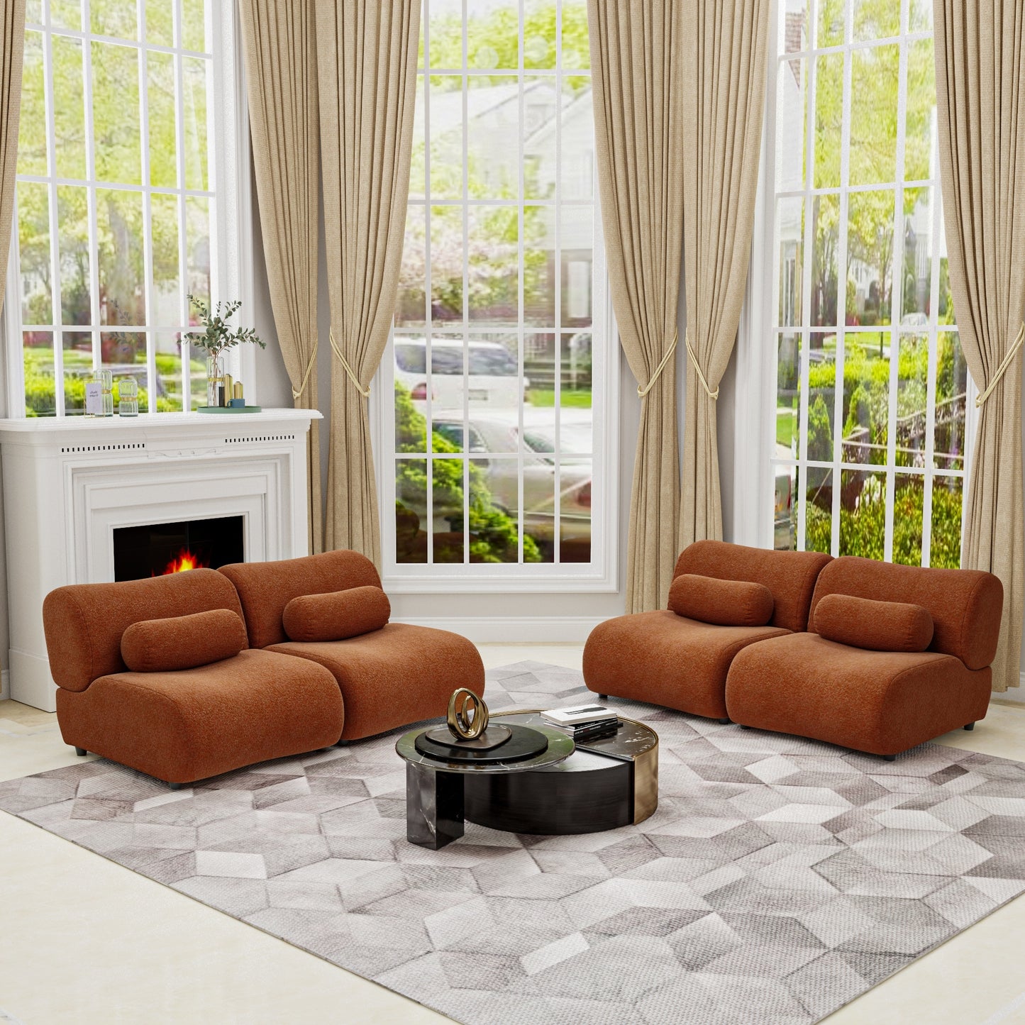 Chenille Fabric Living Room Sofa with Cylindrical Pillows, Freely Arrangeable 3 Colors