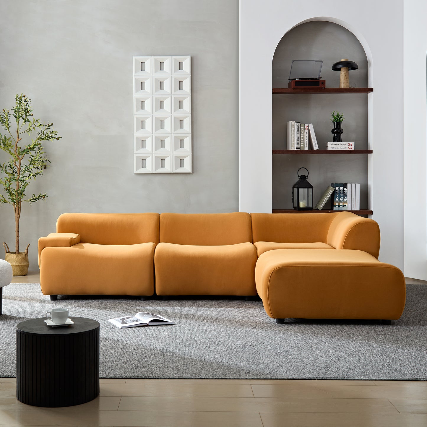 Bamboo-jointed sofa Solid Wood Frame 4 - Seat Sectional Sofa: White, Strong Durable Fabric, High - Density Sponge