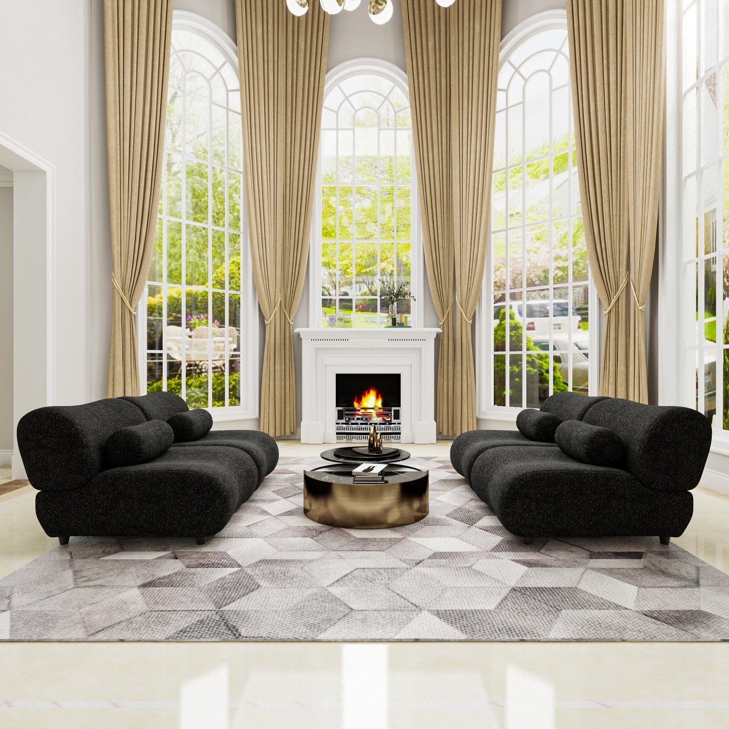 Chenille Fabric Living Room Sofa with Cylindrical Pillows, Freely Arrangeable 3 Colors