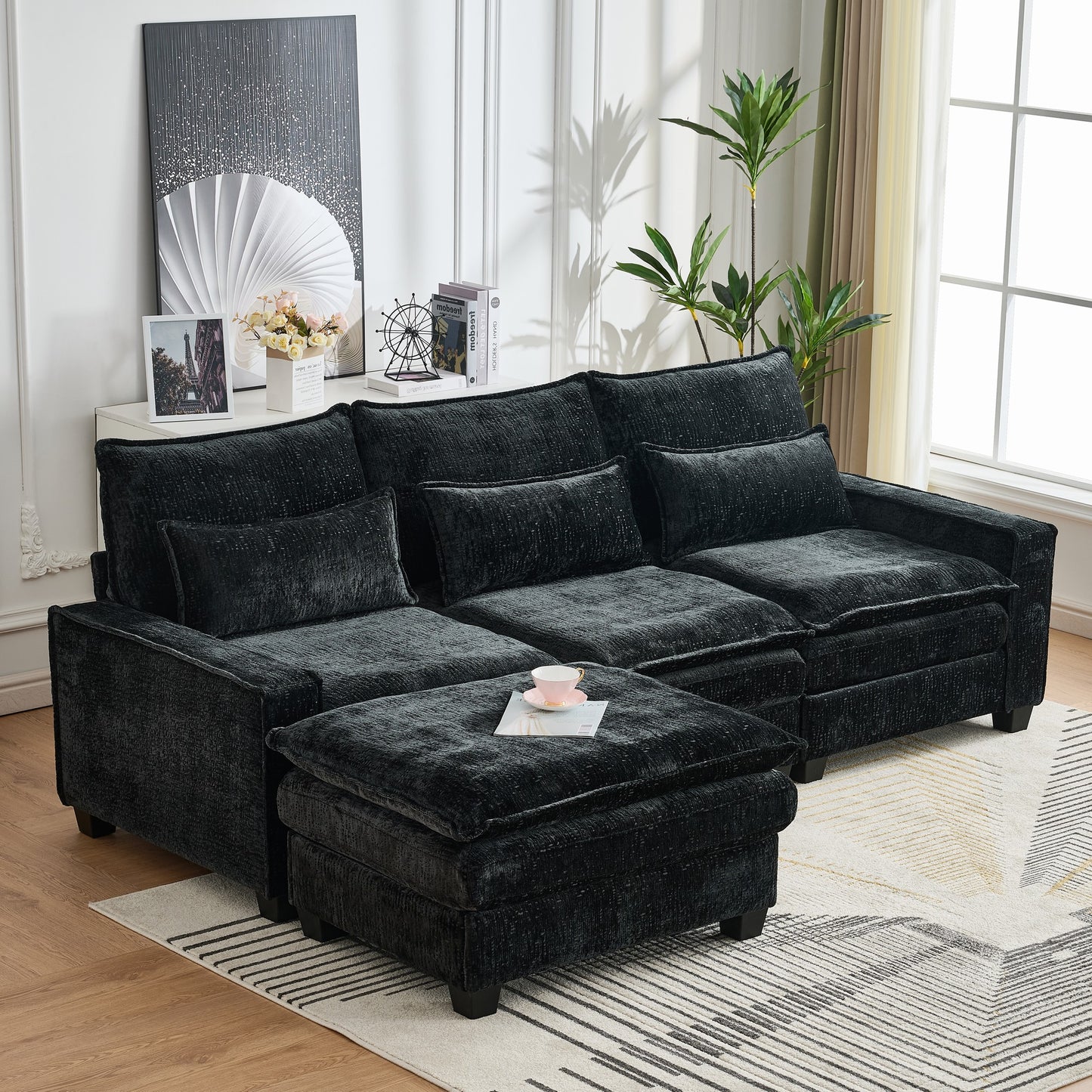 Sectional Cloud Deep Seat Couch, Modern Comfy Chenille L Shaped Sectional Sofa  with Movable Ottoman for Living Room