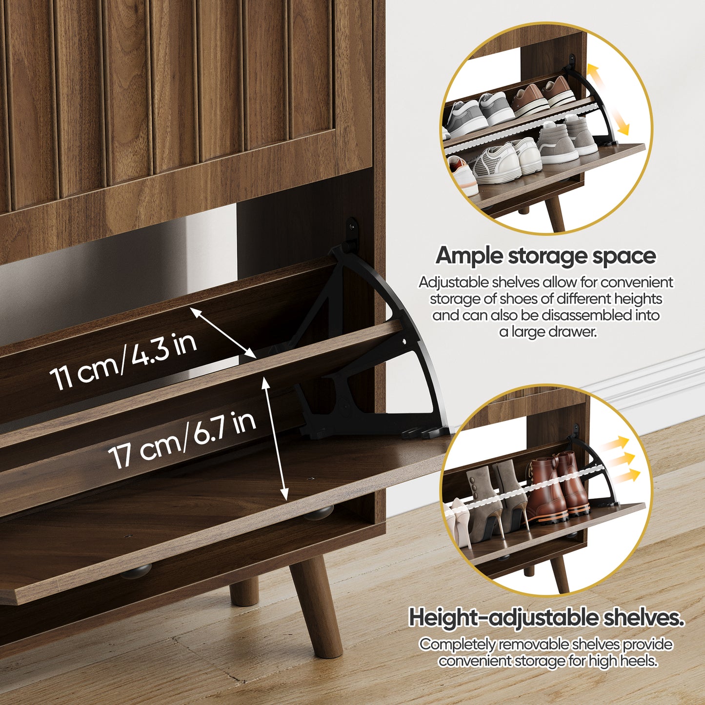 Medieval-Style Modern Shoe Cabinet | Upright Shoe Storage Unit with Vertical Grooved Finish – Walnut, 2 Sizes (23.6" or 31.5")