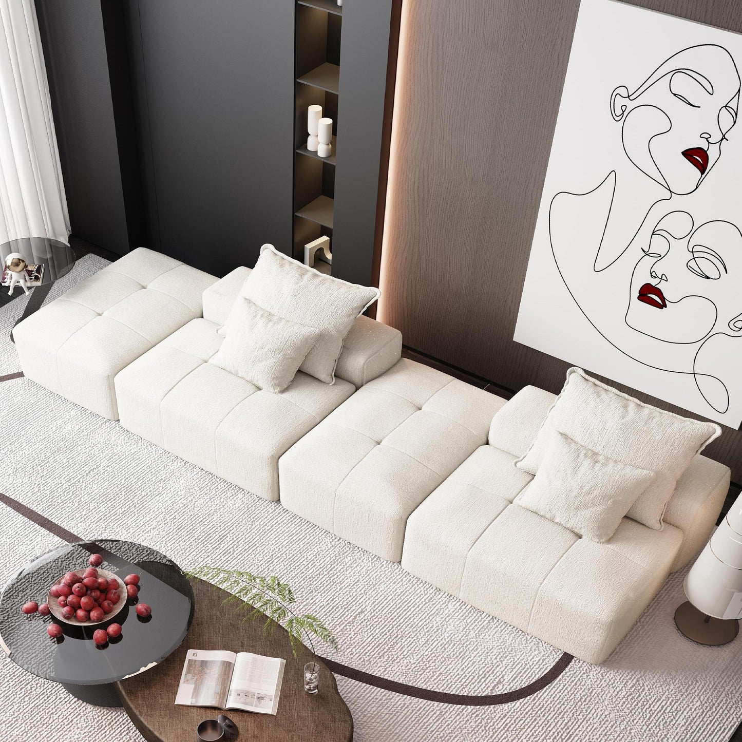 Modular Sectional Sofa with 2 chaise lounge and 2 armrest,Sparkling Chenille Fabric Soft Cushion Sofa with 4 Pillows