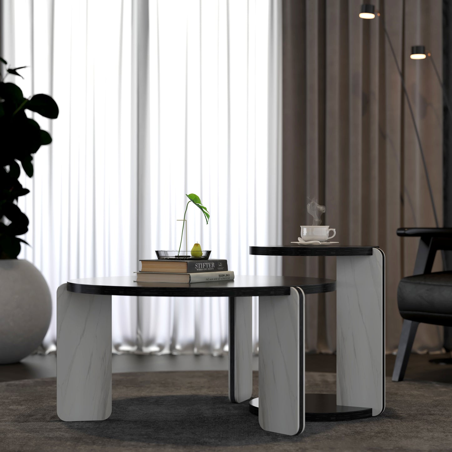 Round Nesting Coffee Table Set of 2 – Sintered Stone Top, 18mm MDF + Stone Legs (White+Black / Walnut / Black)
