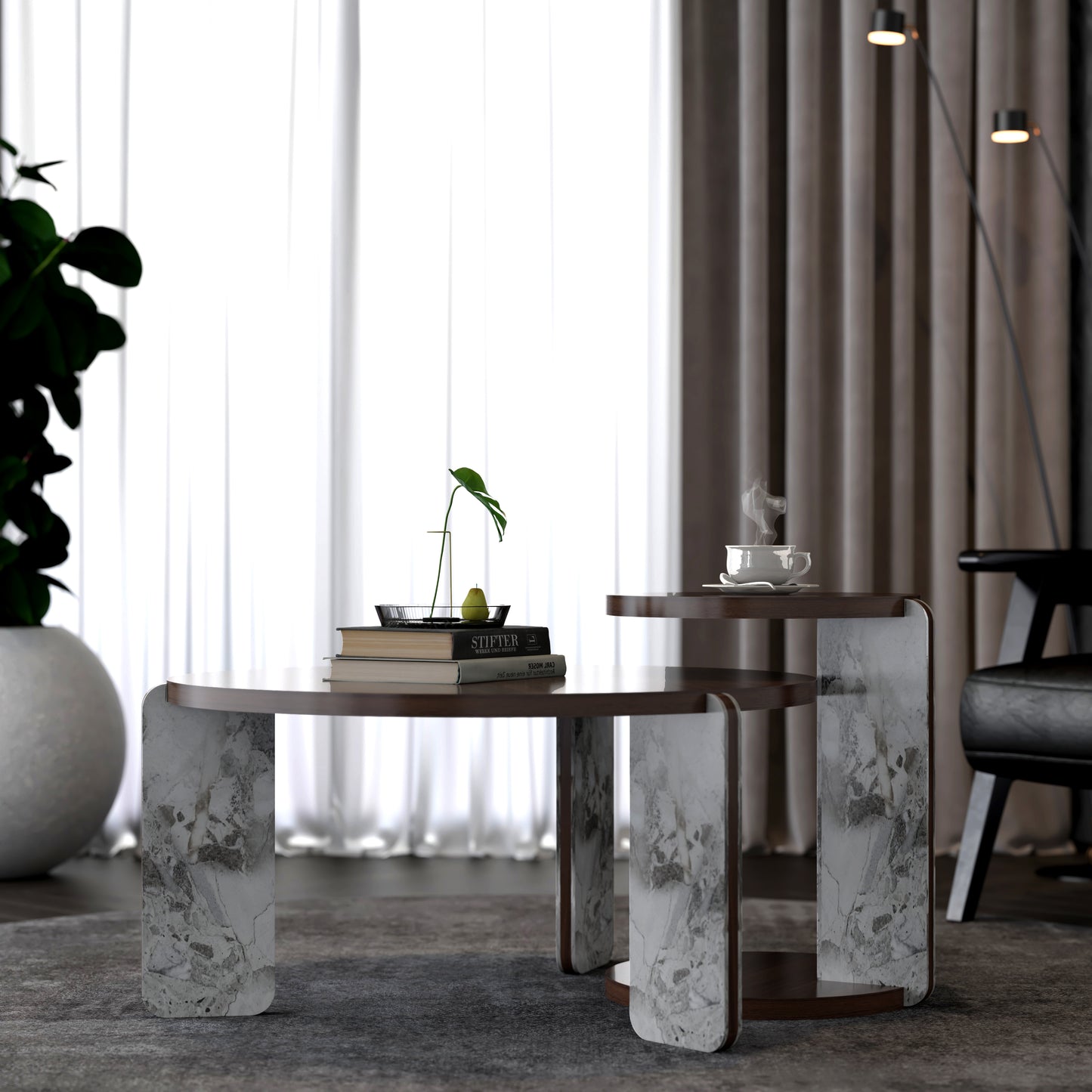 Round Nesting Coffee Table Set of 2 – Sintered Stone Top, 18mm MDF + Stone Legs (White+Black / Walnut / Black)