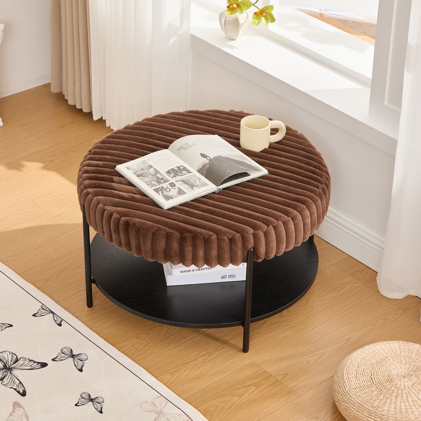 Upholstered Round Ottoman Coffee Table & Pouf Foot Rest | Faux Fur, Metal Legs – Beige/Brown/Charcoal