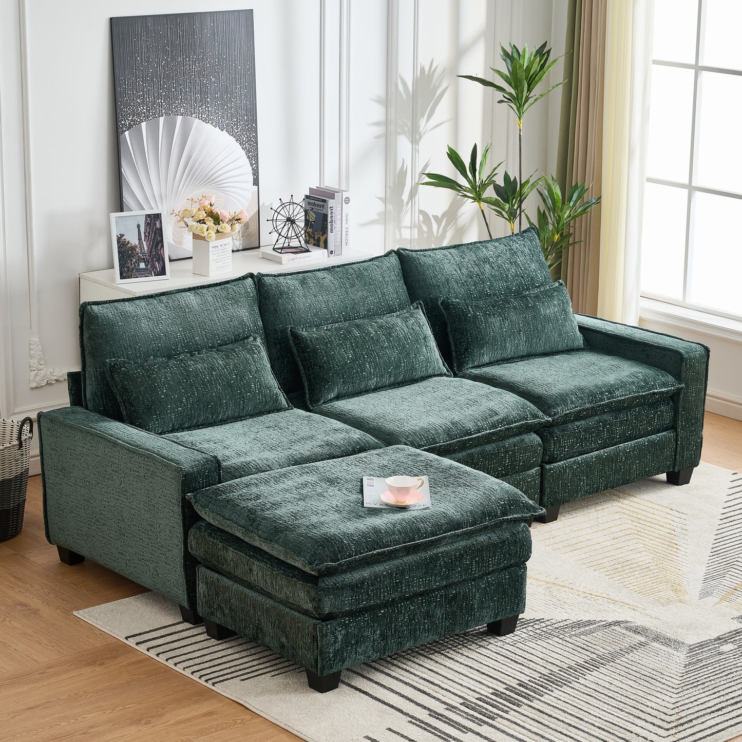 Sectional Cloud Deep Seat Couch, Modern Comfy Chenille L Shaped Sectional Sofa  with Movable Ottoman for Living Room