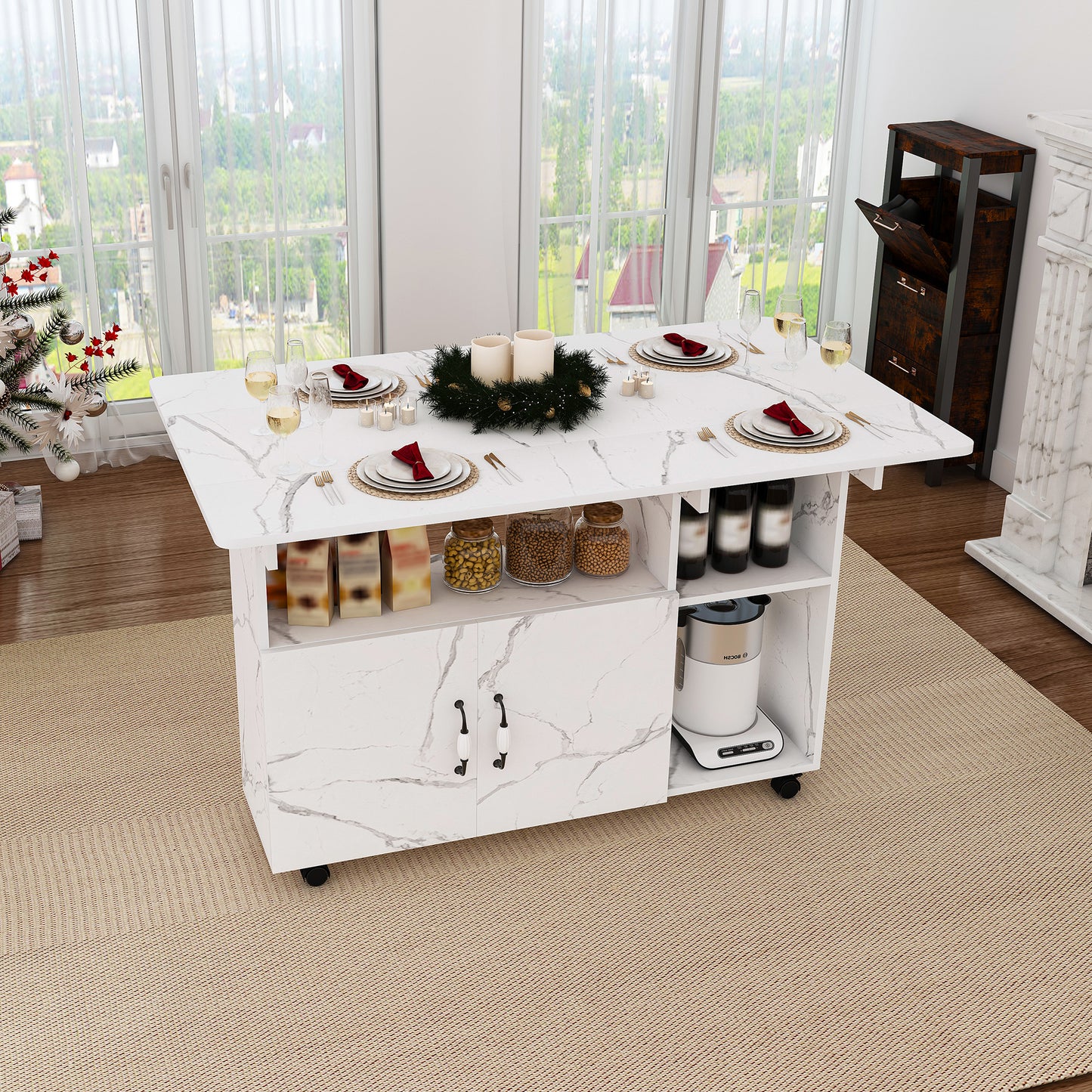 Multi-Functional Folding Table with Storage Shelves and Wheels | 47" Foldable Dining Table for Small Spaces, Compact Desk for Kitchen – Walnut/White/Oak