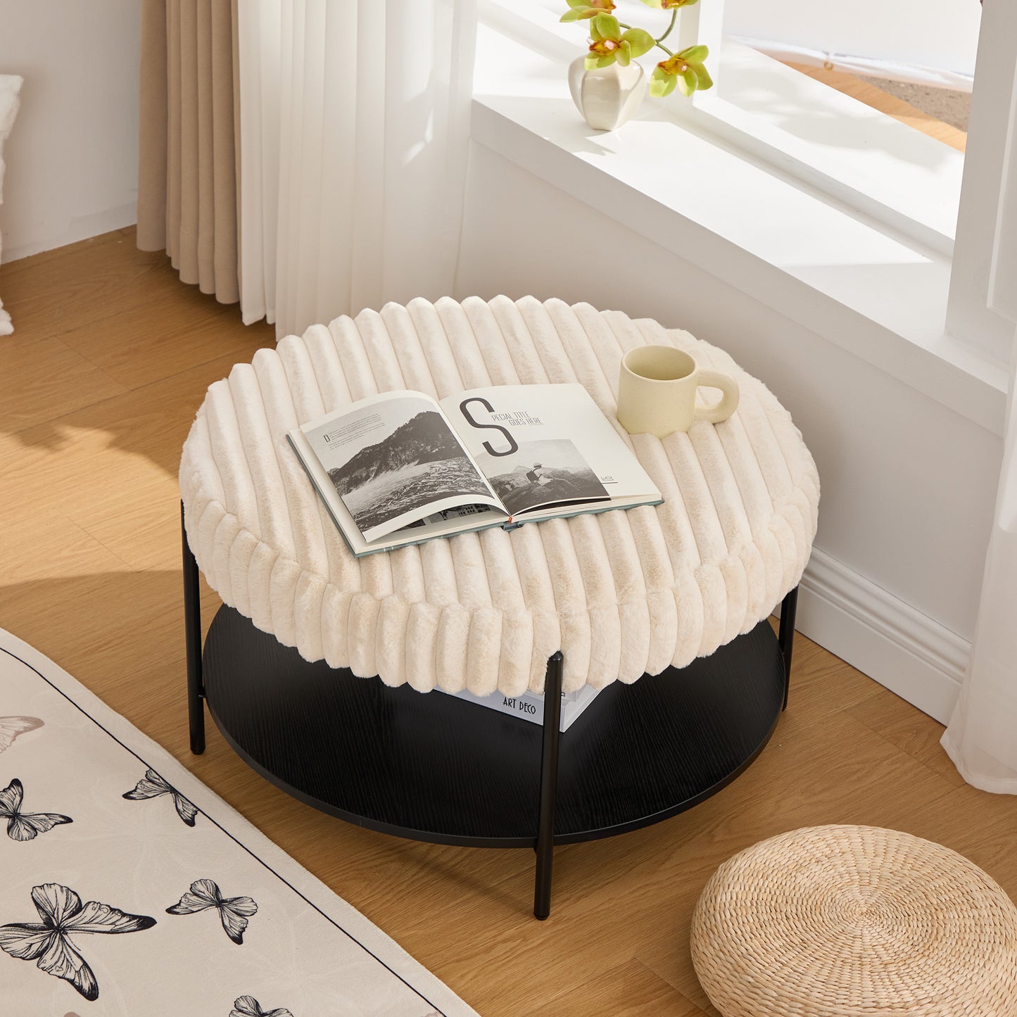 Upholstered Round Ottoman Coffee Table & Pouf Foot Rest | Faux Fur, Metal Legs – Beige/Brown/Charcoal
